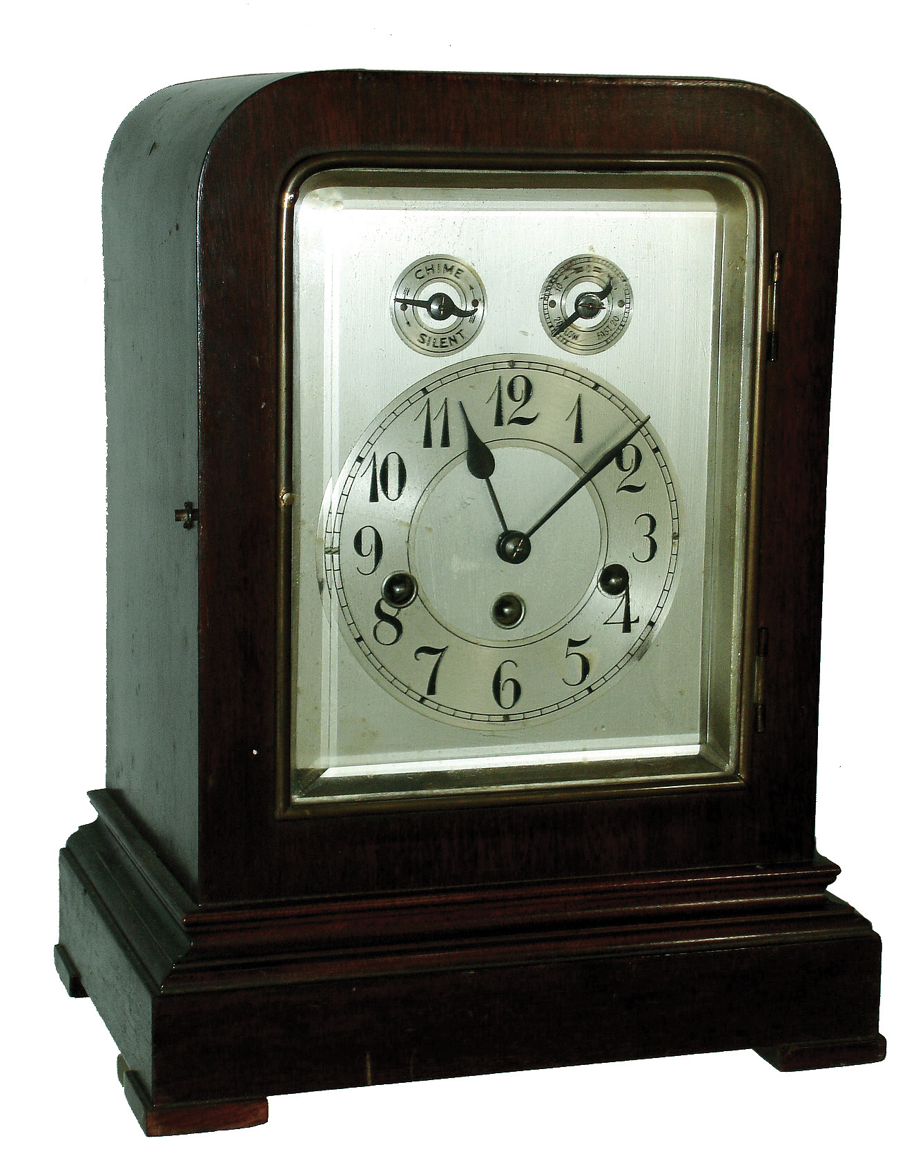 Clocks- 2 (Two): (1) Junghans, Germany, mahogany, 8 days, Westminster chime bracket clock, c1910; (2) Hamburg American Clock Co., Germany,. mahogany, 8 days, time and strike, inlaid balloon-case mantel clock, c1910 — Antique Clocks Price Guide