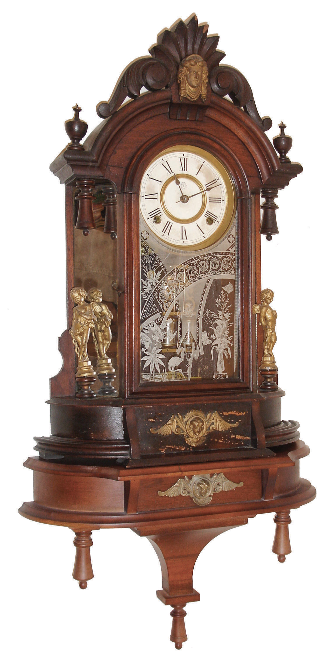 Ansonia Clock Co., Ansonia, Conn., ÓTriumphÒ, 8 day. time and strike, spring brass movement mirror side shelf clock with separate hand made shelf, c1880 — Antique Clocks Price Guide