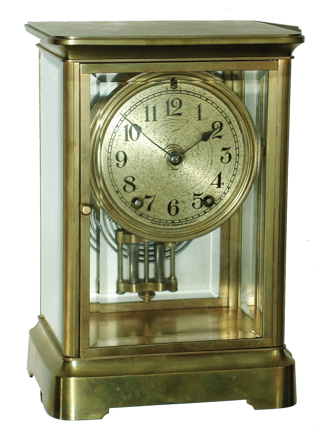 Clocks- 3 (Three) American: Seth Thomas Clock Co., Thomaston, Conn., ÓEmpire No. 200Ò brass and beveled glass, 8 days, time and strike, crystal regulator mantel clock, B28 signed movement, c1928 (2) Ansonia Clock Co., New York, NY, ÓTurinÒ enameled iron shelf clock, 8 days, time and strike, visible escapement, c1883 (3) Florence Kroeber, New York, black enameled iron figural, 8 days, time and strike, mantel clock, very similar to ÓBulgariaÒ model, c1898 — Antique Clocks Price Guide
