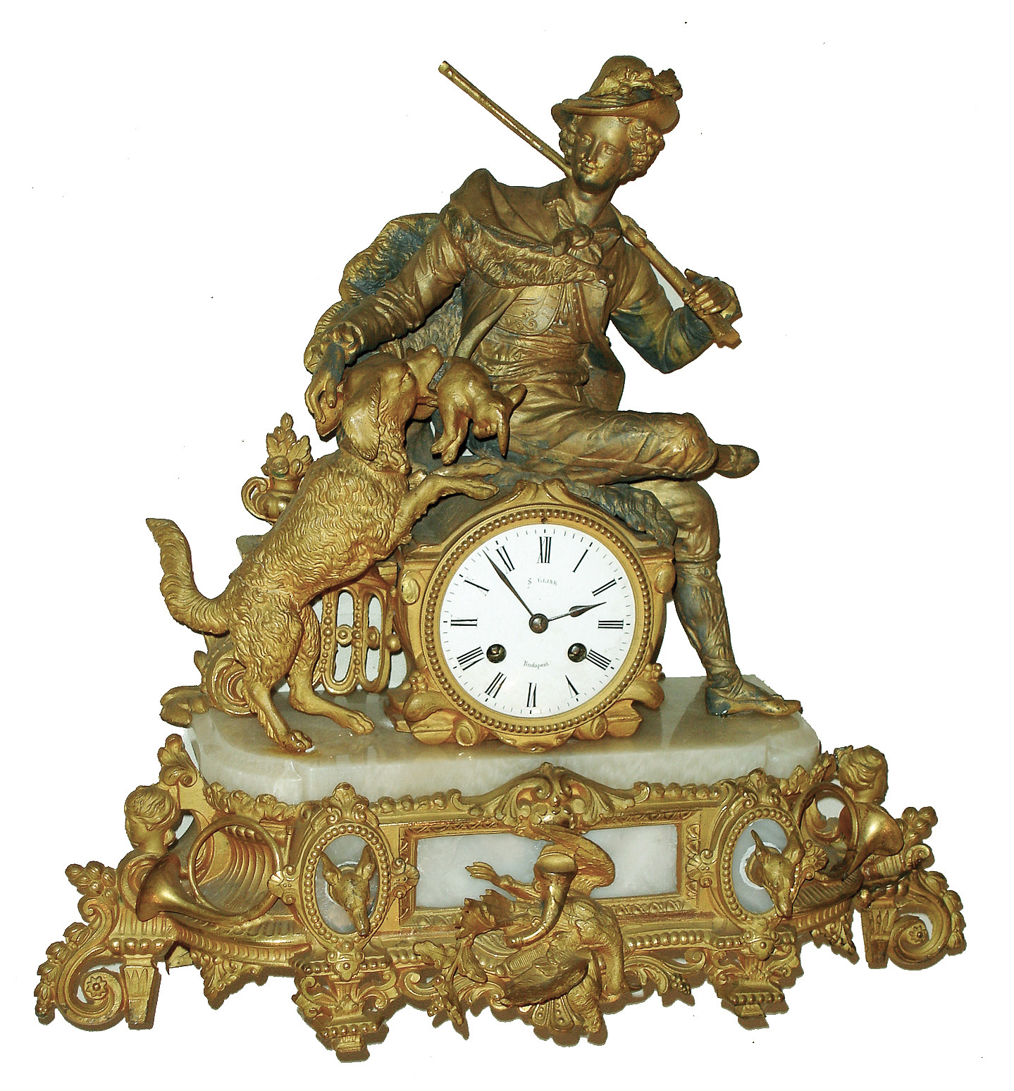 Clocks- 2 (Two) European: (1) French gilt spelter, brass and white onyx figural, 8 days, time and strike, mantel clock, Japy Freres movement, Ph.Mourey case, dial signed ÓS. Glink, Budapest c1890; (2) Winterhalder &amp; Hoffmeier, Germany, oak time only, 8 days, wall clock in English style, c1900 — Antique Clocks Price Guide
