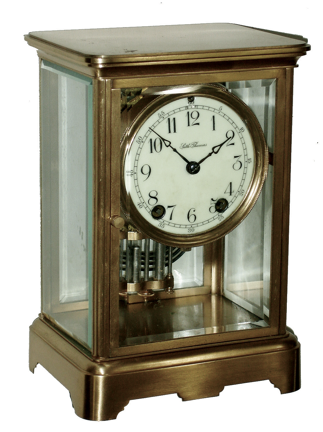 Clocks- 2 (Two) Conneticut shelf clocks: (1) Seth Thomas Clock Co., Thomaston, Conn., ÓOrchid No. 5Ò brass and beveled glass, 8 days, time and strike, crystal regulator mantel clock, c1902 — Antique Clocks Price Guide
