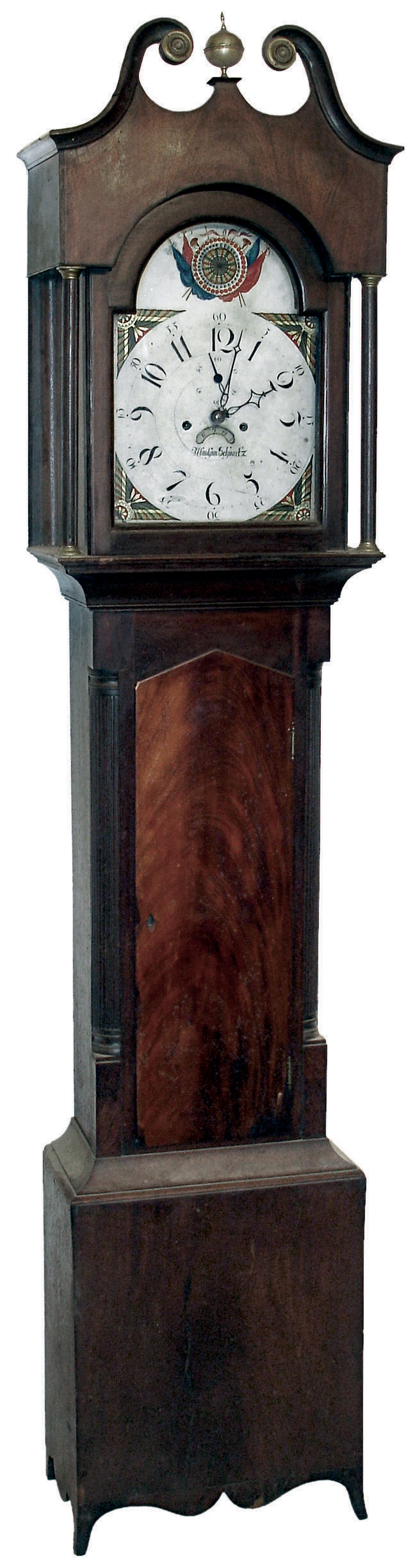 Abraham Schwartz, Montgomery County, Penn., tall case clock, 8 days, time, strike and calendar, weight driven movement in a walnut case with mahogany veneered trunk door and accents, reeded corner columns flanking trunk door, broken arch, delicate French feet and painted iron dial, c1820 — Antique Clocks Price Guide
