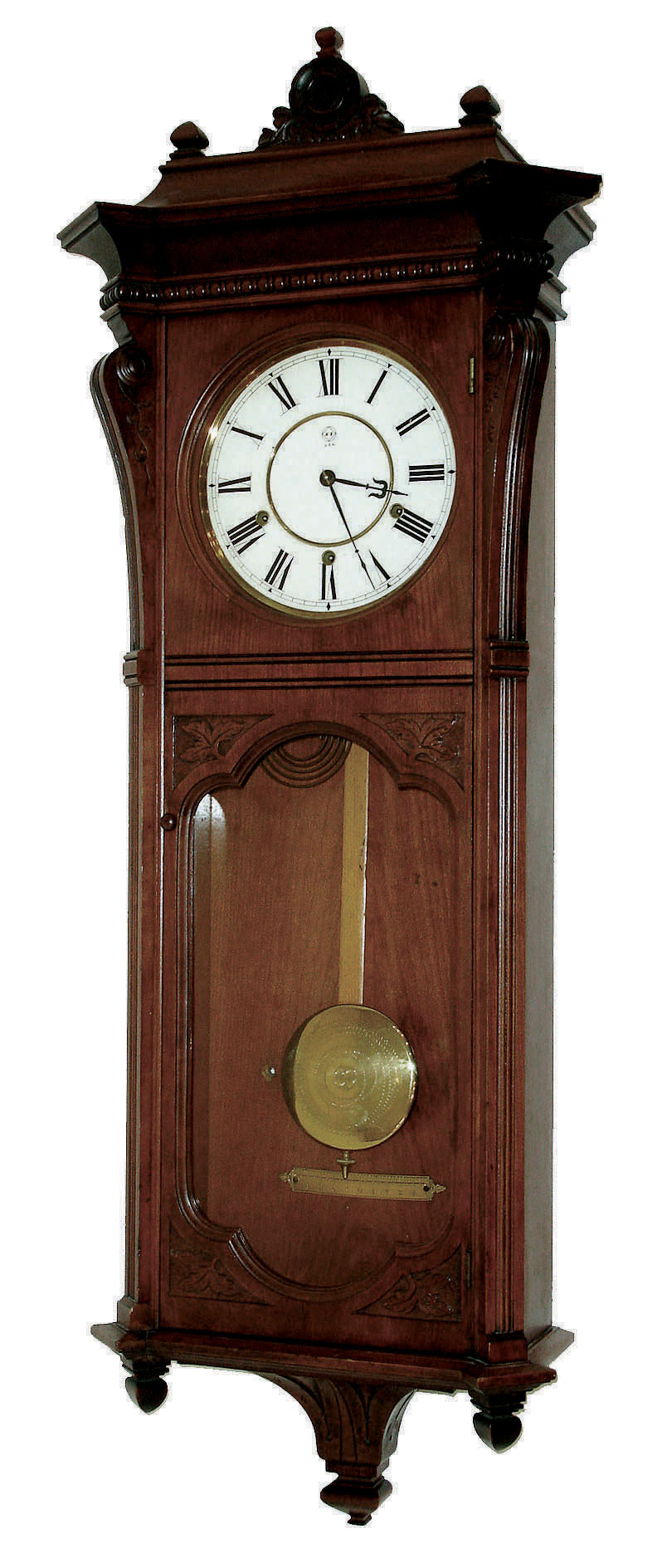 Seth Thomas Clock Co., Thomaston, Conn., ÒMarcyÓ, 8 days, 3-train, spring driven, time and strike, movement with cathedral gong strike on hour and quarter hour striking on 2 cup bells in cherry case, dated 1886 — Antique Clocks Price Guide