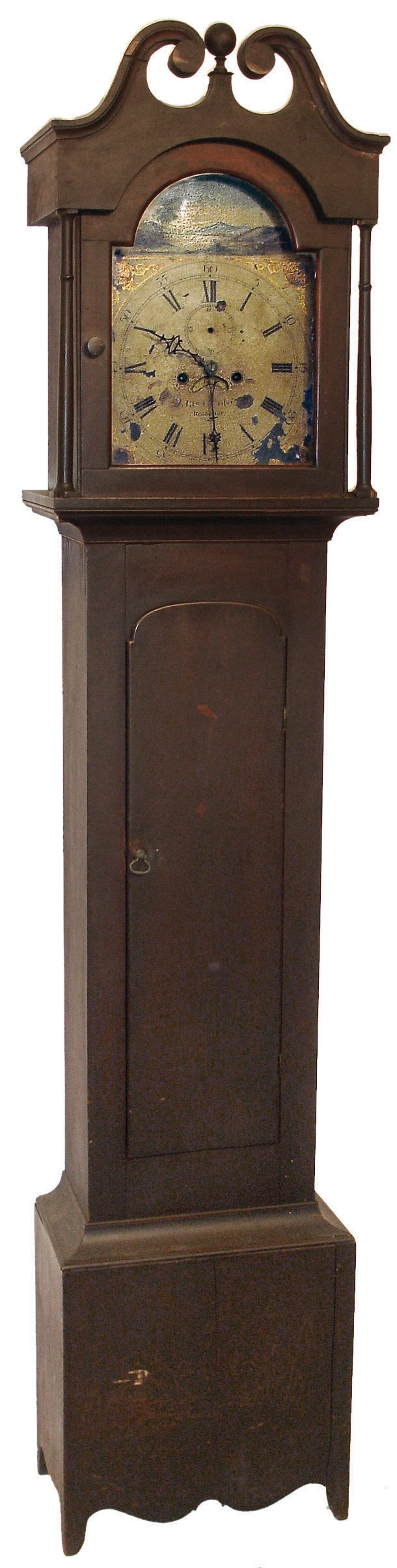 James Cole, Rochester, NH tall case clock, 8 days, time and strike, weight driven movement with typical New Hampshire cut outs in a butternut case with broken arches and full columns on hood a painted metal dial, c1820 — Antique Clocks Price Guide