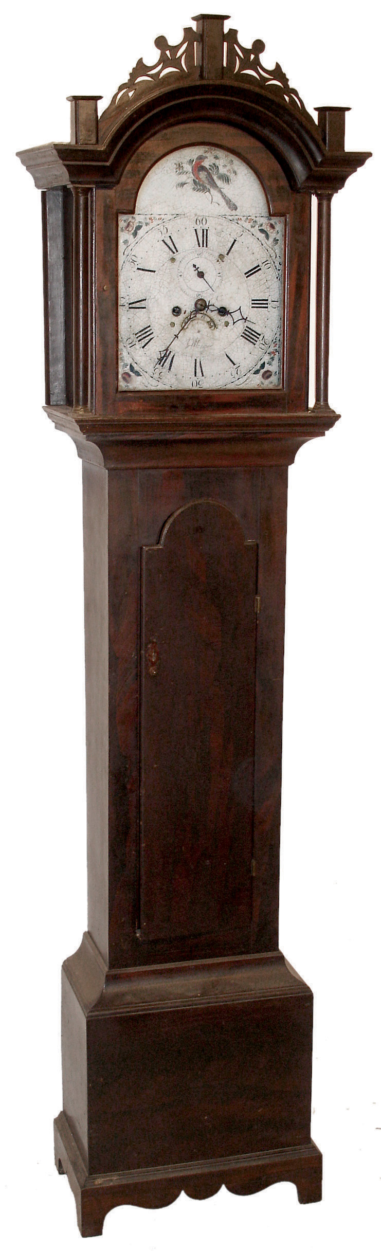 A. Munger, tall case clock, 8 days, time and strike, weight driven movement in a Roxbury style grain painted cherry case with chestnut backboard and a painted iron dial, c1820 — Antique Clocks Price Guide