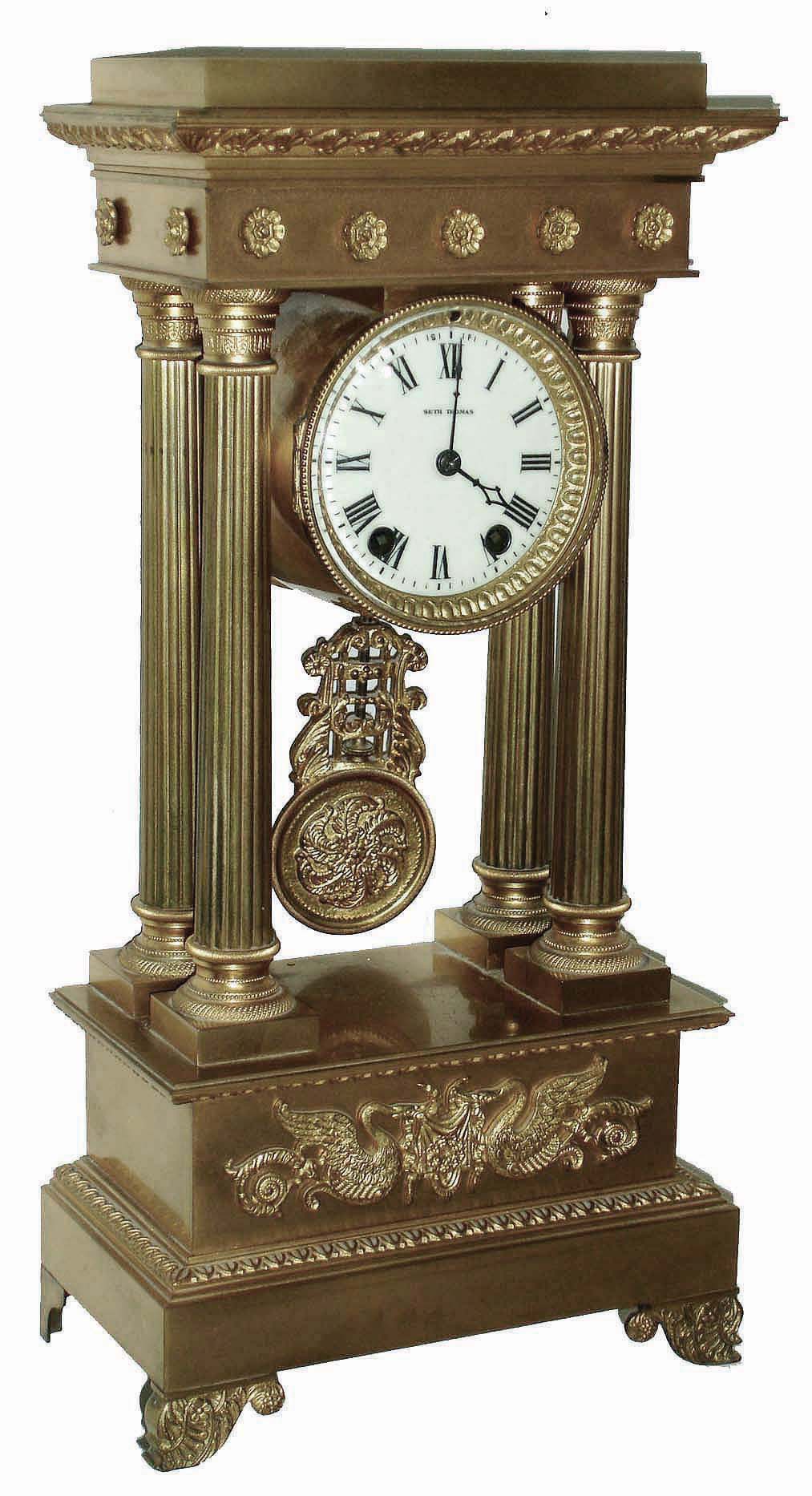 Seth Thomas Clock Co., Thomaston, Conn., ÒEmpire No. 50Ó gold-plated brass 15 day, time and strike, portico mantel clock, c1907 — Antique Clocks Price Guide