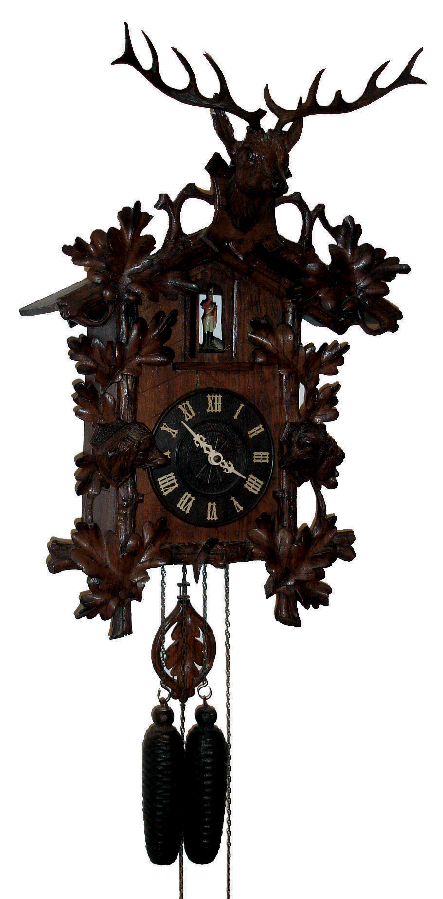 German, Black Forest, 30 hours, time and strike, weight brass movement three pipe trumpeter wall clock, c1885 — Antique Clocks Price Guide