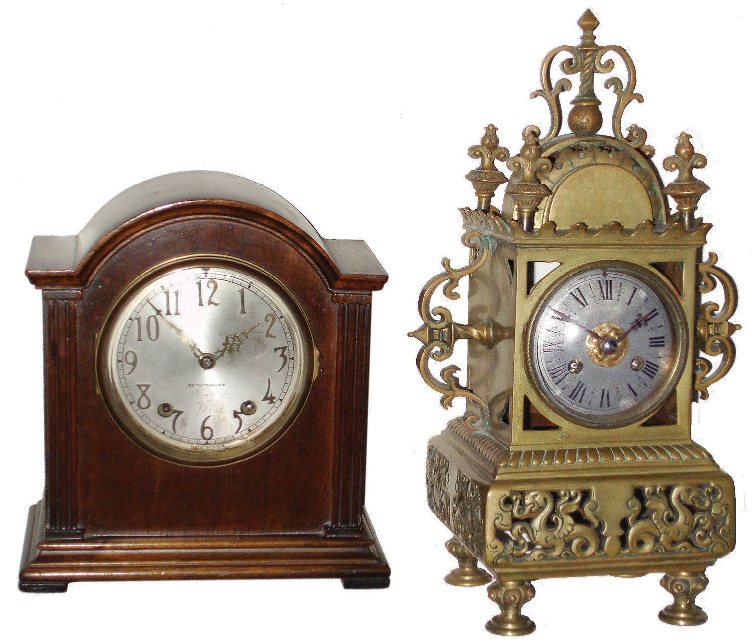 Clocks- 4 (Four), 8 days, time and strike, mantel clocks: (1) French cast brass, late 19th century; (2) Seth Thomas probably Patrician No. 1 (or No. 2) model mahogany bracket, c1928; (3) Seth Thomas miniature reproduction mahogany violin clock, 30 hours, time only, period pendulum driven movement, 20th century; (4) The Horolovar Co., Bronxville, New York, NY, ÓIgnatzÒ, 8 days, reproduction novelty mantel clock, postmark 1965 on original cardboard box with original documents — Antique Clocks Price Guide