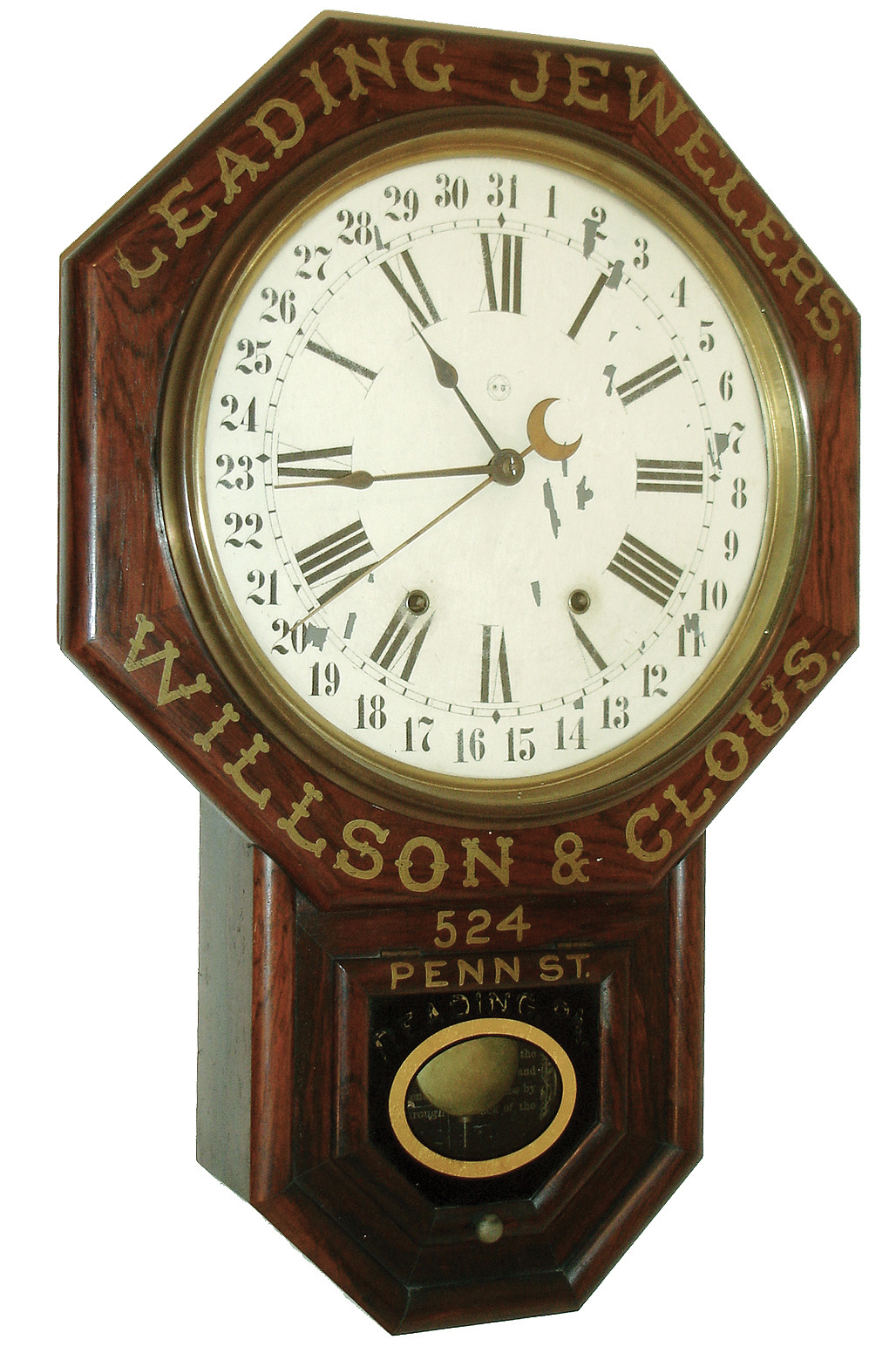 Seth Thomas Clock Co., Thomaston, Conn., 12Ó octagon drop advertising clock, with a painted ad on case and tablet for ÒLEADING JEWELERS / WILSON &amp; CLOUS / 524 PENN ST./ READING, PA.Ó 8 days time and gong strike movement, c1900 — Antique Clocks Price Guide
