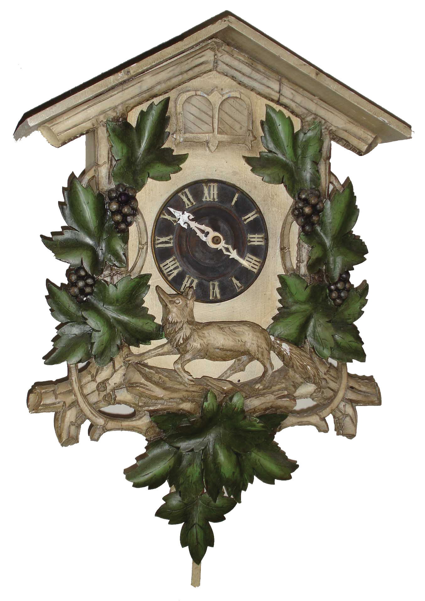 Clocks- 6 (Six): (1) German Black Forest painted wood and plaster 3 weight cuckoo and quail 30-hour hanging wall clock, c1890; (2) Columbus Clock in original wooden box, c192; (3) Bench-made reproduction J. C. Brown French foot ÒacornÓ shelf clock with Seth Thomas, 8 days, time and strike, movement and Independence Hall glass; (4) Howard Miller reproduction pillar and scroll shelf clock with 1050-020 German triple-chime movement; (5) Seth Thomas chiming electric mahogany tambour mantel clock, dated 1948; (6) Bench-made reproduction kidney dial Massachusetts shelf clock with 8 days, weight-driven, time only, movement with passing strike, (Nos. 3, 4 &amp; 6 - late 20th century) — Antique Clocks Price Guide