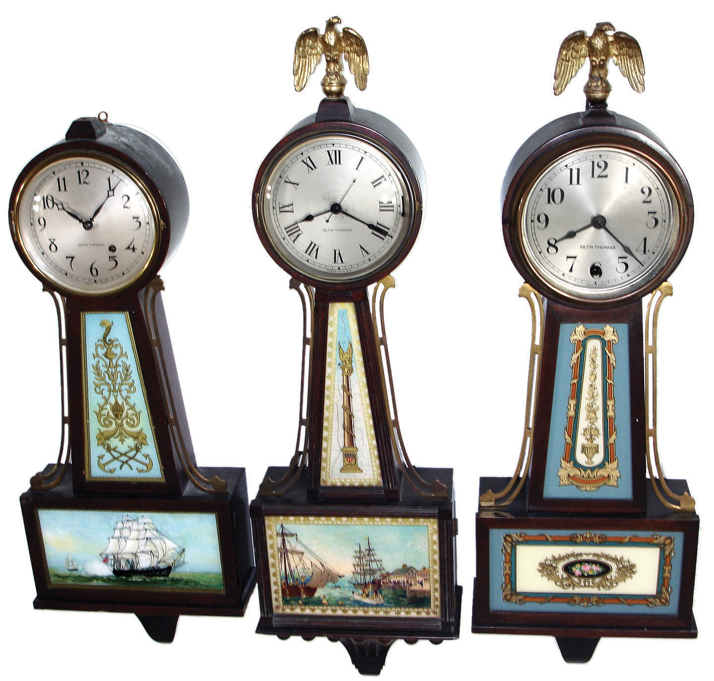 Clocks- 6 (Six) American banjo wall clocks: (1) Seth Thomas ÒDuffieldÓ plug-in electric; (2) Seth Thomas ÒSpecial No. 28Ó, (3) Seth Thomas ÒBanjo No. 4Ó; (4) Seth Thomas ÒSpecial No. 28Ó, c1932; (5) Sessions ÒAldenÓ, c1927; (6) Seth Thomas ÒBanjo No. 1Ó, c1927 — Antique Clocks Price Guide