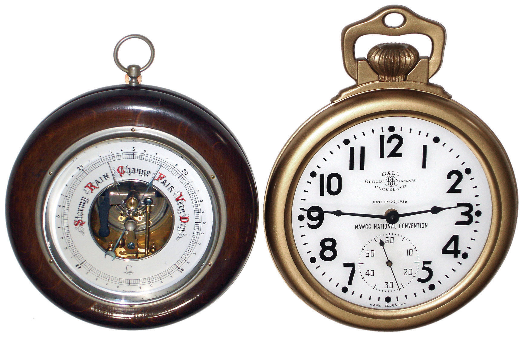Clocks- 7 (Seven) and a barometer: (1) German modern reproduction of cast-composite clock peddler figure and 30-hour clock, c1980; (2) 1986 NAWCC souvenir quartz-movement pocket watch wall clock; (3) &amp; (4) Bulova Watch Co., Swiss- 2 (Two) prints of old city scenes with working battery-powered clocks within the pictured towers, mid 20th century; (5) German Black Forest 2-weight 30-hour hanging cuckoo clock, early 20th century; (6) Swiss modern Neuchatel style, 8 days, painted wood bracket clock with bracket, quarter strike on two bells, c1985; (7) Horolovar Co., New York [Charles Terwilliger] reproduction ÒHickory Dickory DockÓ mouse clock, 8 days, time with bell on the hour, c1970; (8) Lufft, Germany, aneroid barometer — Antique Clocks Price Guide