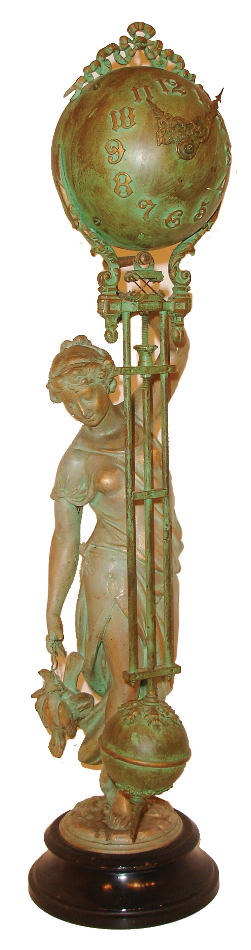 Ansonia Clock Co., New York, NY, ÒHuntressÓ ball swinger clock with a spring driven, 8 days, timepiece mounted within a brass sphere and a spelter figure statue of a young woman carrying game birds and holding the clock aloft in her left hand, mounted to an japanned cast iron base, c1901. — Antique Clocks Price Guide