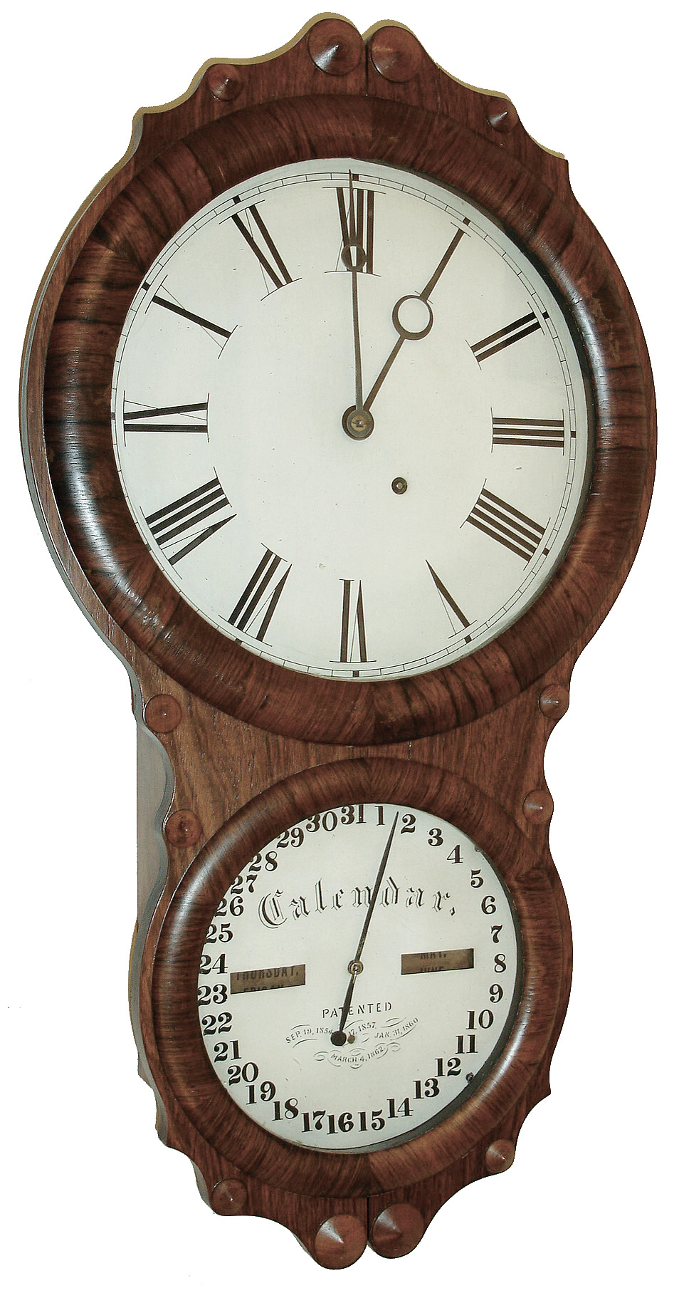Seth Thomas, Plymouth, Conn., ÒOffice Calendar No. 4Ó, wall clock, 8 days, time only, spring driven movement in a rosewood veneer case with painted metal dials, c1865. — Antique Clocks Price Guide