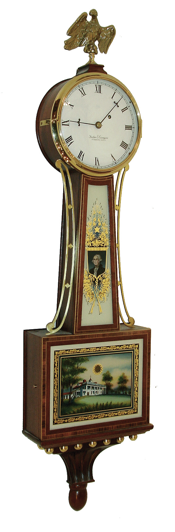 Foster Campos, Pembroke, Mass, presentation banjo in a cross-banded mahogany case with Washington / Mt. Vernon tablets, wind-swept eagle and brass balls /bracket base. numbered 32, and completed in year 2000. — Antique Clocks Price Guide