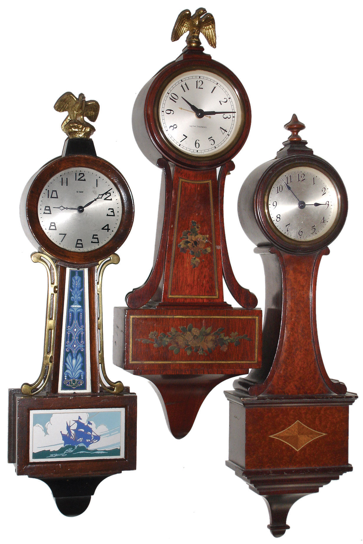 Clocks- 5 (Five) wall clocks: (1), (2) &amp; (3) small time-only banjo clocks; (1) Seth Thomas ÒPomfretÓ 4-jewel, c1929; (2) New Haven 12-day ÒWillisÓ, c128; (3) Seth Thomas ÒFairfieldÓ plug-in electric, c1932; (4) Seth Thomas Clock Co., Thomaston, Conn., for U.S. Navy ÒMark I Boat ClockÓ black phenolic case time only, 3Ò dial, 8 days, clock with original wall bracket, dated 1942; (5) Waterbury Clock Co., Waterbury, Conn., ÓBrockvilleÒ, 8 days, time and strike, spring-driven brass movement wall clock, c1893 — Antique Clocks Price Guide