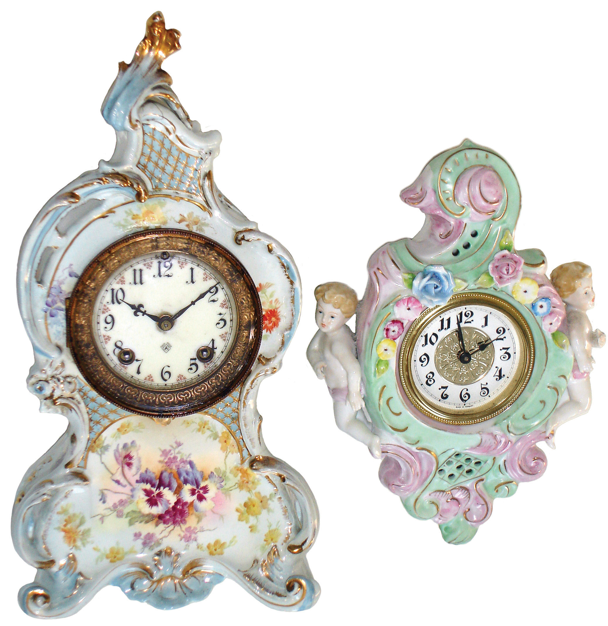 Clocks- 2 (Two) Ansonia Clock Co., New York, Royal Bonn, 8 days, time and strike, porcelain mantel clock, c1895; (1) ÒLa ChapelleÓ; (2) ÒTandemÓ including (3) a small modern German porcelain wall clock — Antique Clocks Price Guide