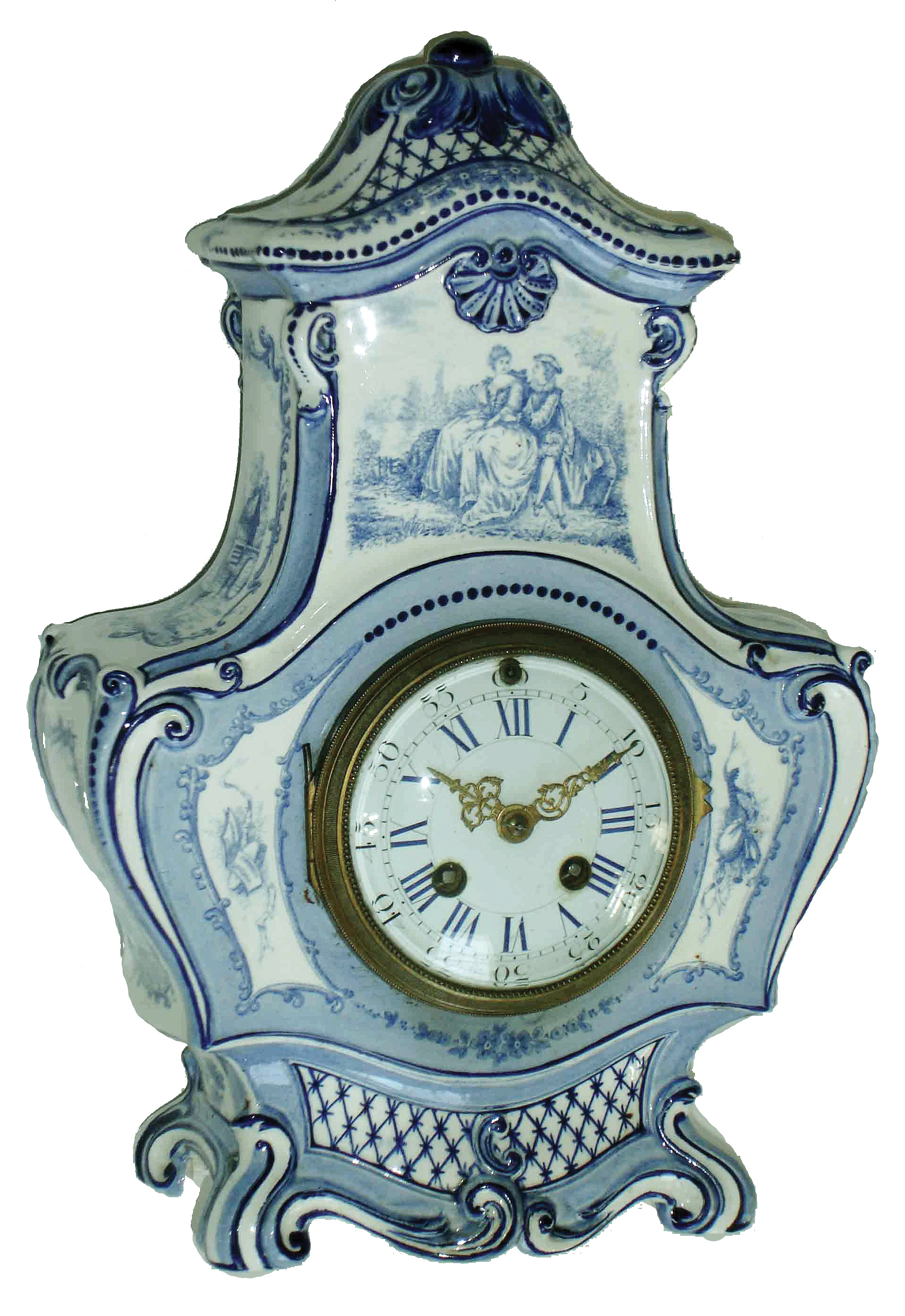 Clocks- 2 (Two) European: (1) French Delft-style porcelain clock, Japy Freres Medaille DÕHonneur, 8 days, time and strike, movement, c1890; (2) English, F. W. Elliott, Croydon, Westminster chime bracket clock in a solid panel rabbeted case, and with composite brass dial, with tune selections of Whittington or Westminster. 8 days movement with platform lever at top of movement. This is all English manufacture, not a Continental movement, c1960 — Antique Clocks Price Guide