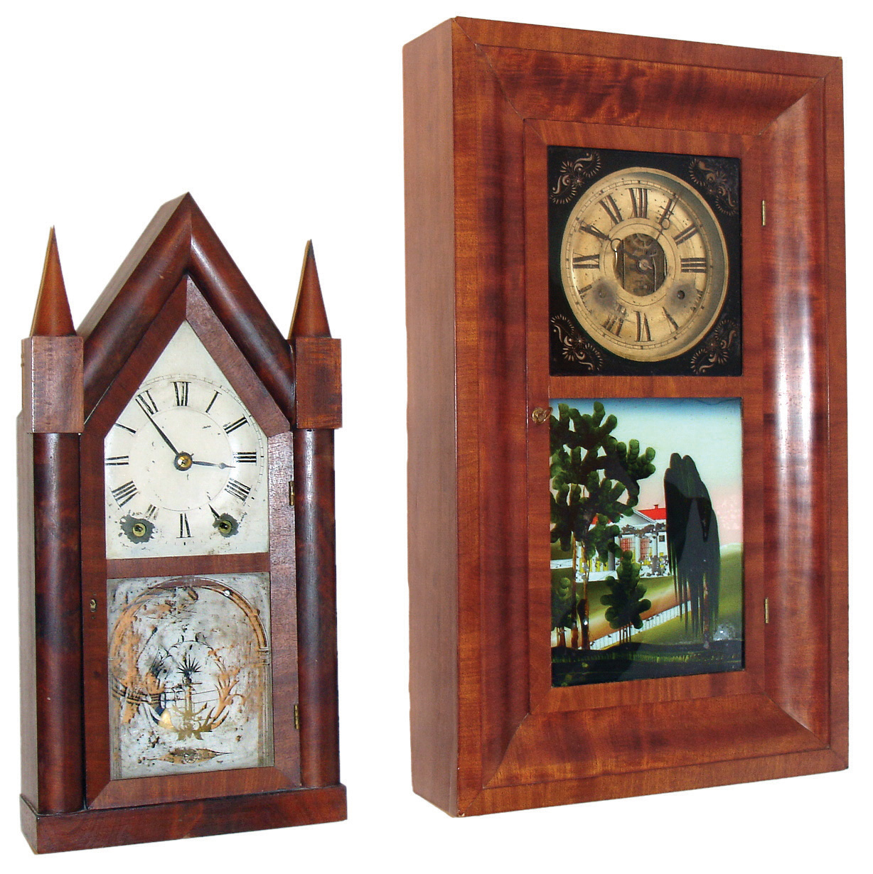 Clocks- 4 (Four) American: (1) JeromeÕs &amp; Co., Bristol, Conn., 30 hours, time and strike, weight brass movement OG shelf clock; (2) Brewster &amp; Ingrahams, Bristol, Conn., 30 hours, time and strike, spring-driven brass with iron back plate movement Sharp Gothic or steeple clock; (3) Seth Thomas Clock Co., Plymouth, Conn., half column shelf clock with 30 hours, time and strike, movement with brass springs in a mahogany case, c1850; (4) Seth Thomas Sons and Co., ÒNo. 5002Ó, 15-day, time only, candle stand clock, with round glass dome, c1872 — Antique Clocks Price Guide