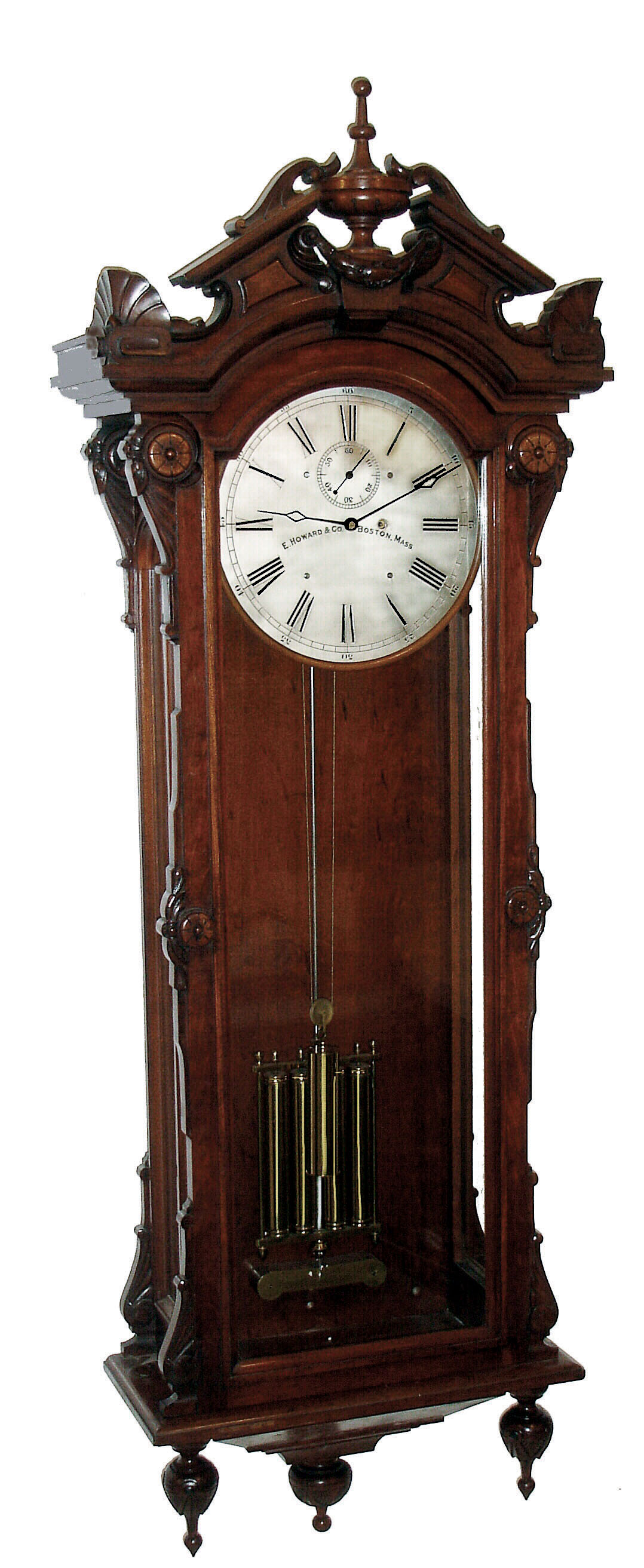 E. Howard &amp; Co., Boston, Mass., ÒNo. 60 RegulatorÓ, wall clock, 8 days, time only, brass, weight driven, secondÕs beating movement with Graham deadbeat escapement and mercury compensated polished four brass cylinder pendulum in a black walnut case with a silvered brass dial, c1885 — Antique Clocks Price Guide