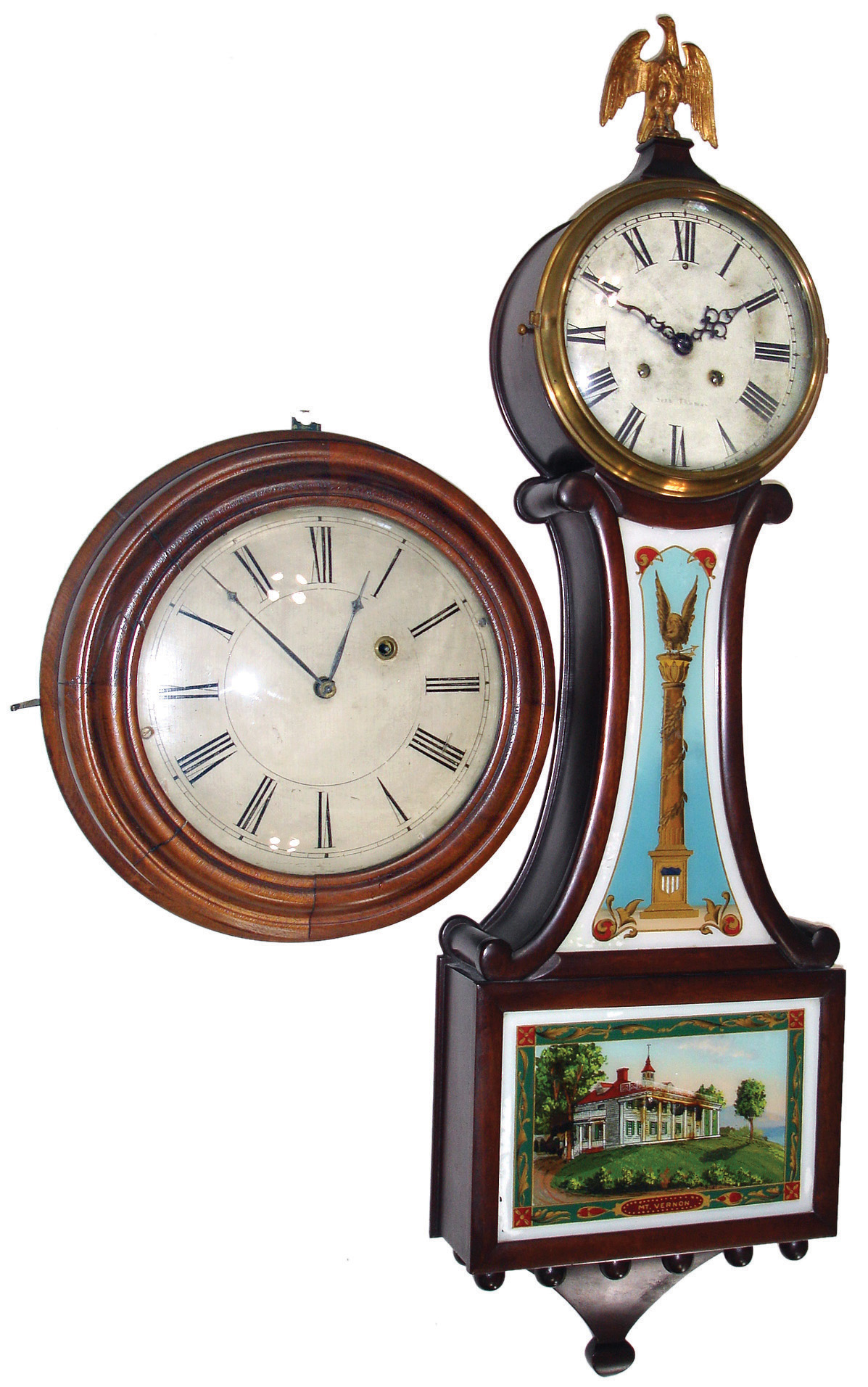 Clocks- 3 (Three), 8 days, Connecticut wall clocks: (1) Brewster &amp; Ingrahams, time only, walnut gallery clock, c1850; (2) Seth Thomas, time and strike, banjo clock, early 20th century; (3) Seth Thomas Clock Co., Thomaston, Conn., ÒWardroomÓ shipÕs bell clock, 30 hours, time and strike, spring driven, hanging clock in oak case, c1904 — Antique Clocks Price Guide