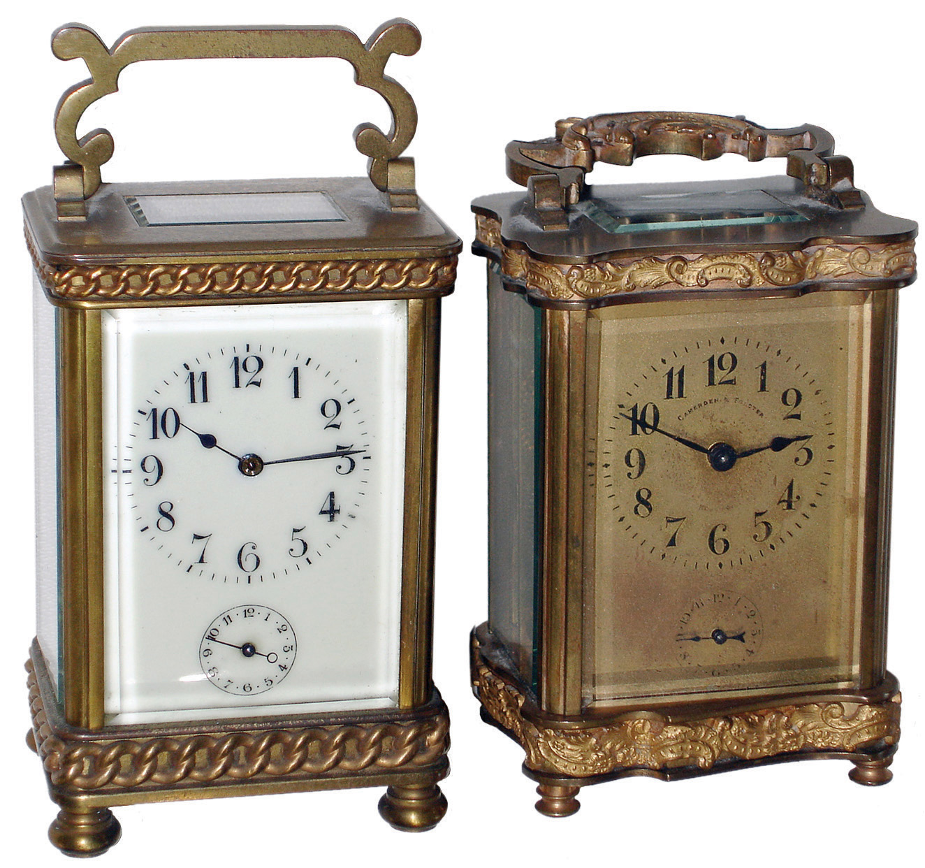 Clocks- 3 (Three) 8 days, brass and glass carriage clocks: (1) French time and alarm ÓRepousse Decorated DoucineÒ case, dial signed ÓCamerden &amp; ForsterÒ (New York retailers); (2) ÓBoite RicheÒ case, early 20th century; (3) Seth Thomas Clock Co., Thomaston &amp; New York, NY, ÓCarriage No. 1Ò, 8 days, time only, brass and glass carriage clock, c1896 — Antique Clocks Price Guide