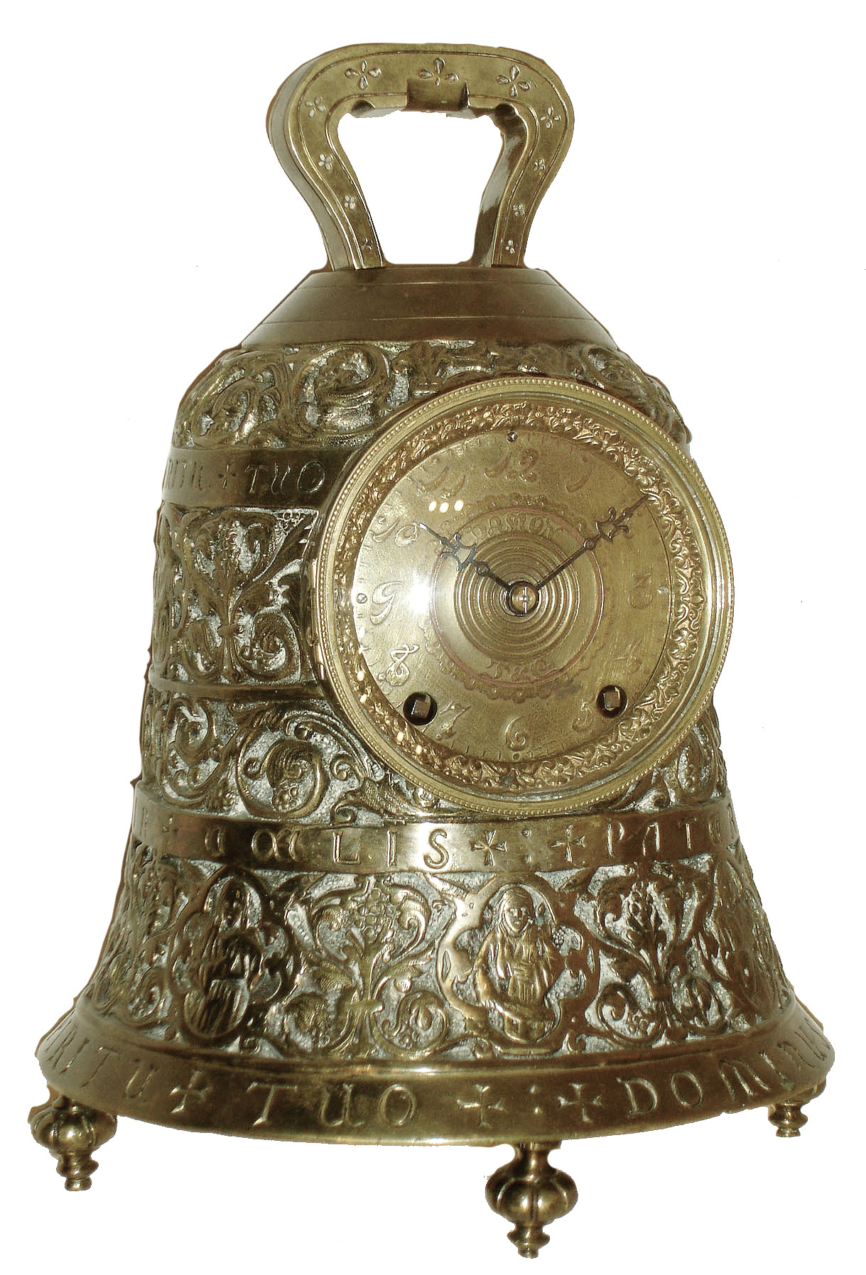Tiffany and Co., New York, NY, ÓPater NosterÒ, 8 days, two train Westminster chime cast brass bell form mantel clock, c1890 — Antique Clocks Price Guide