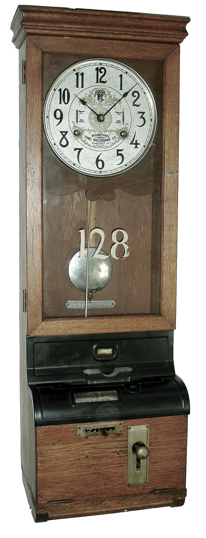 International Time Recording Co., Endicott, N.Y., 8 days, oak wall-hanging time clock, c1925 — Antique Clocks Price Guide
