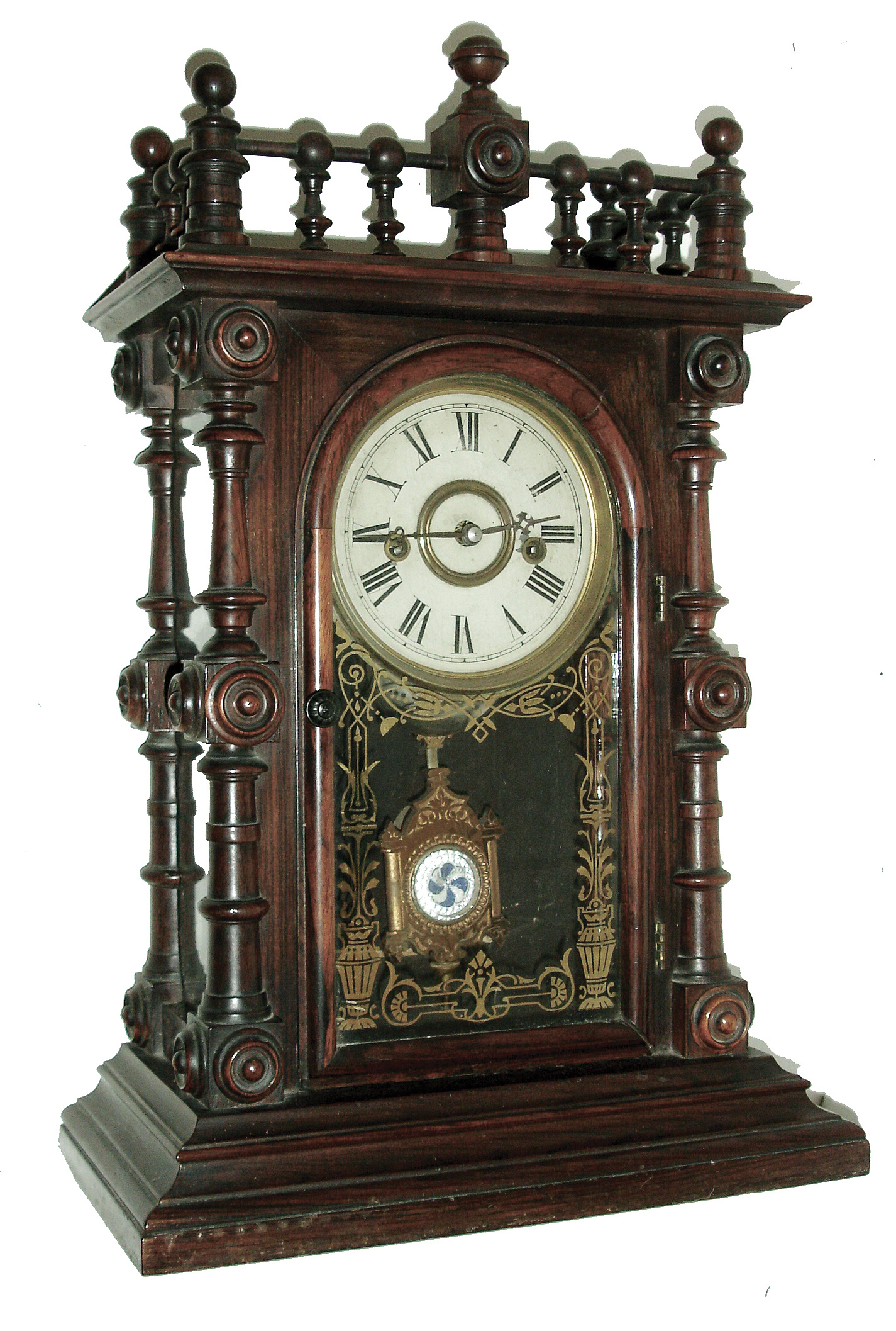Welch, Spring &amp; Co., Forestville, Conn., GERSTER, V.P., from the Patti series. This is one of two of the Gerster model that we are offering in this sale, in addition to a Patti. The case is of rosewood, with turned corner columns &amp; decorative buttons. Typical polished red brass pendulum with glass center, c1885 — Antique Clocks Price Guide