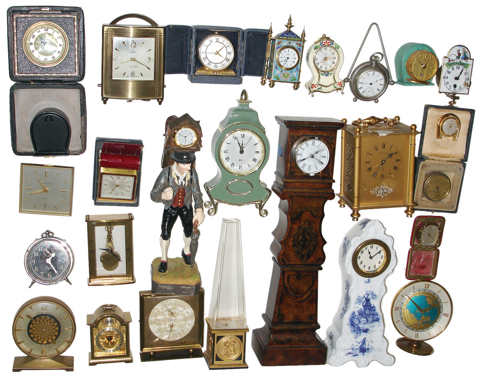 Clocks- 27 (Twenty-seven) novelty, travel, and alarm mostly 20th century, including a French, for Tiffany &amp; Co., brass and glass time, strike and alarm carriage clock, c1900 — Antique Clocks Price Guide