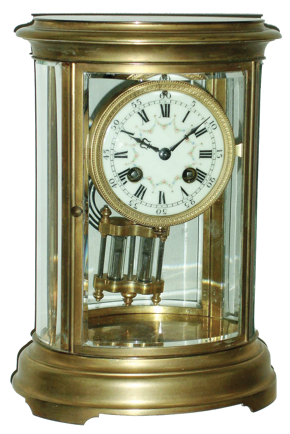 French oval brass and glass, 8 days, time and strike, crystal regulator mantel clock, S. Marti Medaille DÕArgent movement, c1890 — Antique Clocks Price Guide