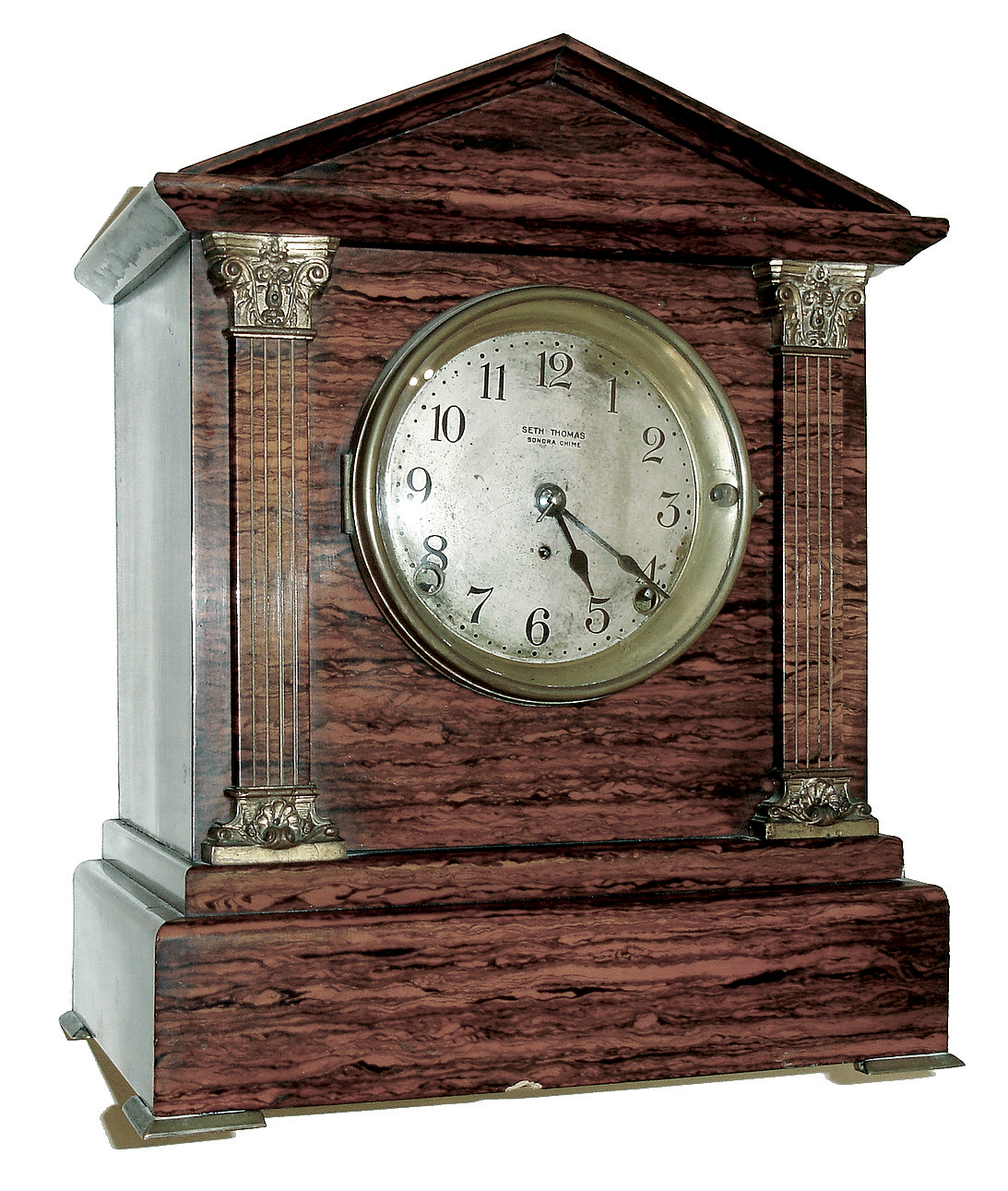 Seth Thomas Clock Co., Thomaston, Conn., ÒChime Clock No. 6Ó, 8 days, time and strike, spring brass movement 4 bell Sonora Chime Adamantine mantel clock, c1913 — Antique Clocks Price Guide