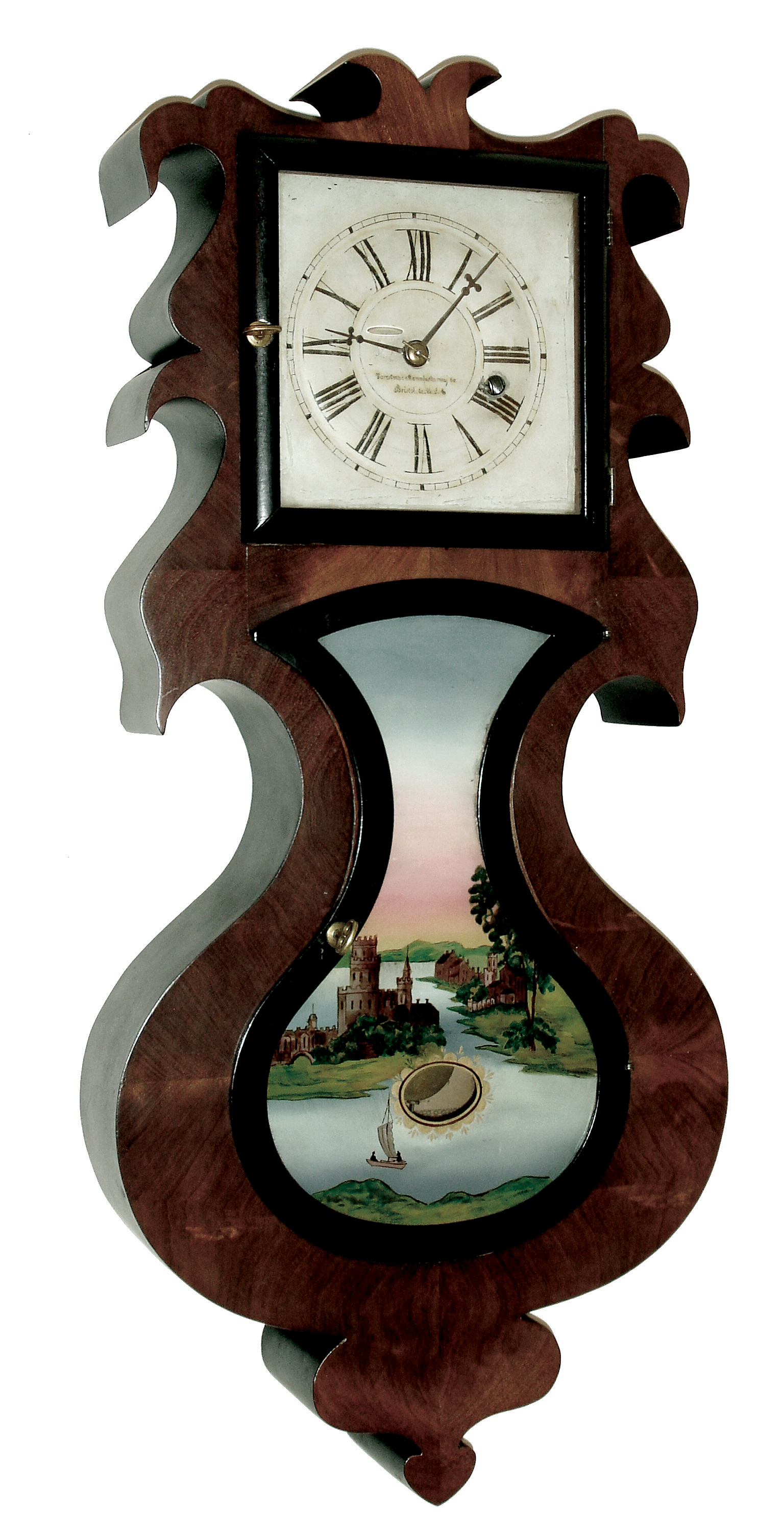 Forestville Mfg. Co., Bristol, Conn.. ÒWall AcornÓ, wall clock, 8 days, time only, spring driven movement in a mahogany veneer case with a painted zinc dial and reverse painted lower tablet, c1845 — Antique Clocks Price Guide