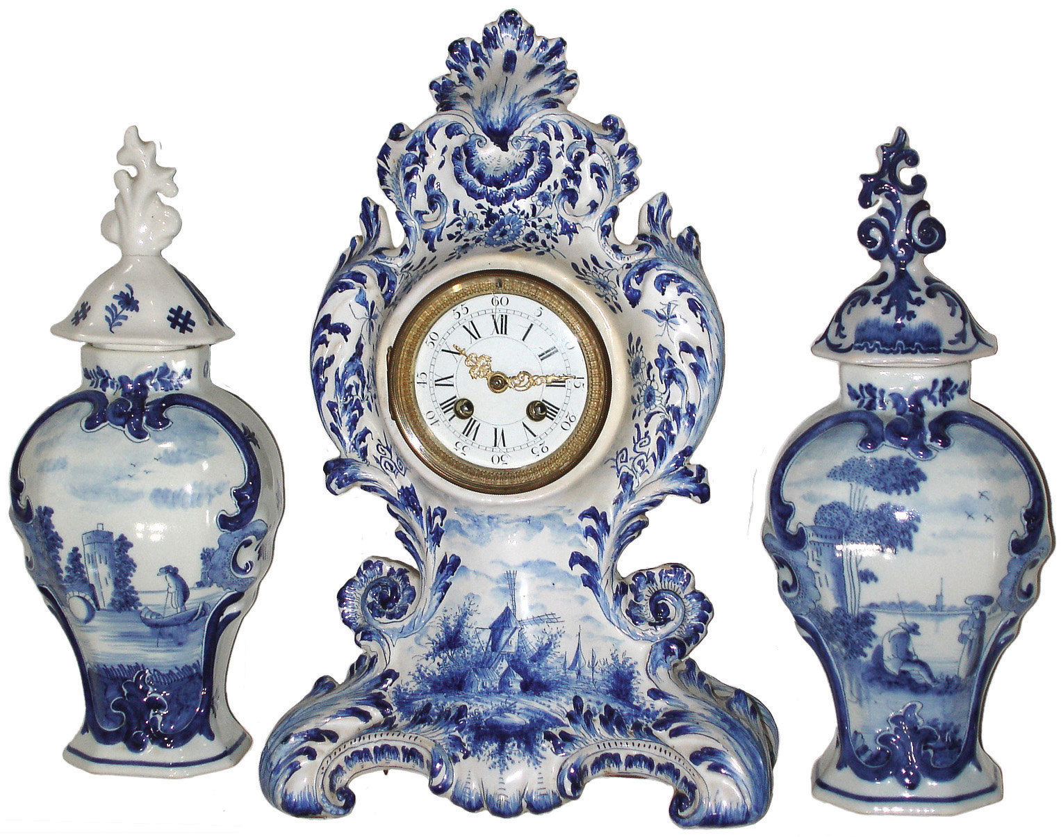 French Delft-style, 8 days, time and strike, mantel clock with pair of urns with lids, c1890 — Antique Clocks Price Guide