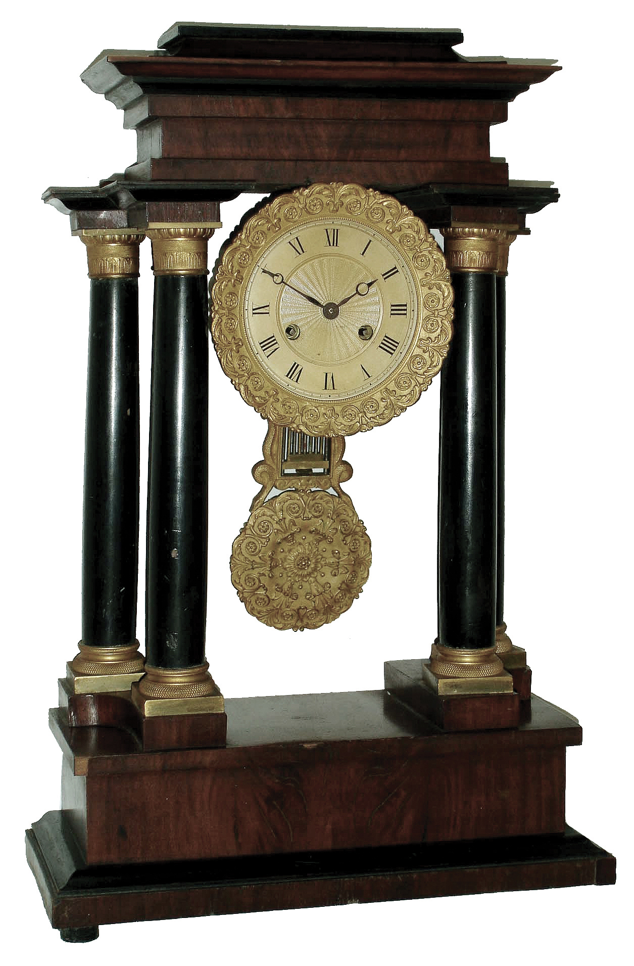 Clocks- 5 (Five) 8 day: French, time and strike, stained and enameled hardwood and cast brass portico mantel clock, c1870; French white marble, time and strike, mantel clock, Japy Freres movement 1855 Medaille Seth Thomas 4-jewel small mahogany, time only, desk clock; Seth Thomas round-top Adamantine time and strike; Seth Thomas ÓSharon 10WÒ steeple shelf clock with spring driven, 8 days, time &amp; strike movement c1961; 19th and 20th centuries — Antique Clocks Price Guide