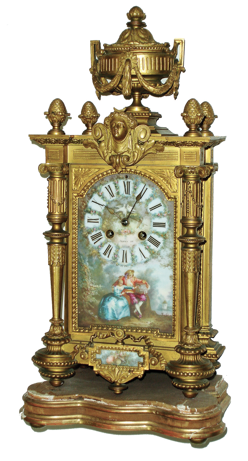 French for ÒMiller and SonsÓ cast brass and hand-painted enamel panels, 8 days, time and strike, mantel clocks, caf on movement caf with gold-leafed wood base, c1890 — Antique Clocks Price Guide