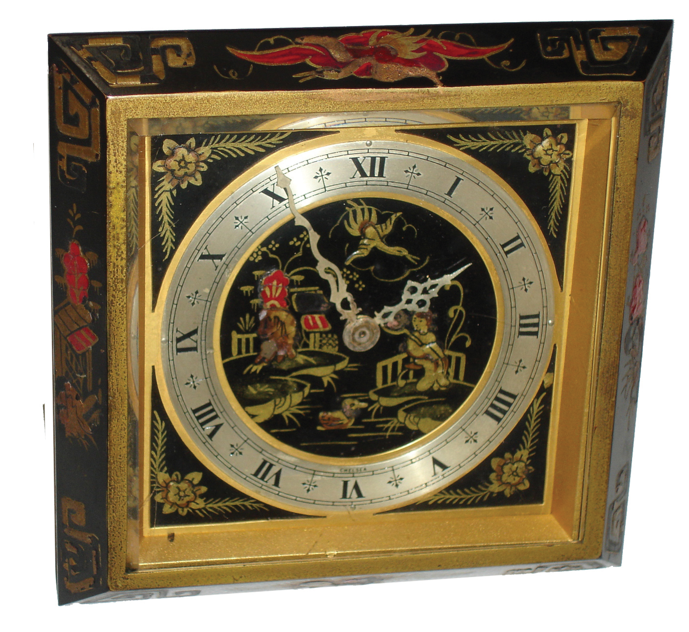 Chelsea Clock Co., Boston, Mass ÒChinese LacquerÓ black painted, 8 days, time only, easel-style desk clock, No. 538491, c19487 — Antique Clocks Price Guide