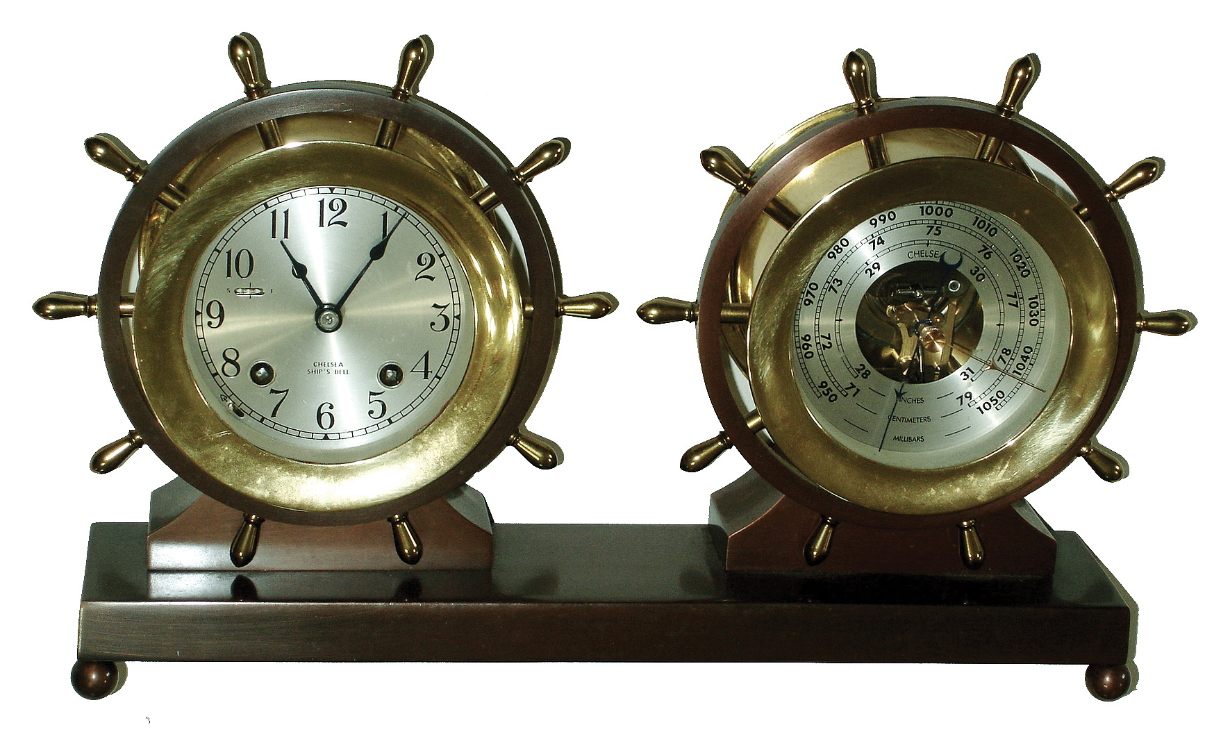 Chelsea Clock Co., Boston, ÒClaremontÓ brass and bronze, 8 days, shipÕs bells clock and barometer set, 3 3/4Ò dials, No. 850405, c1983 — Antique Clocks Price Guide