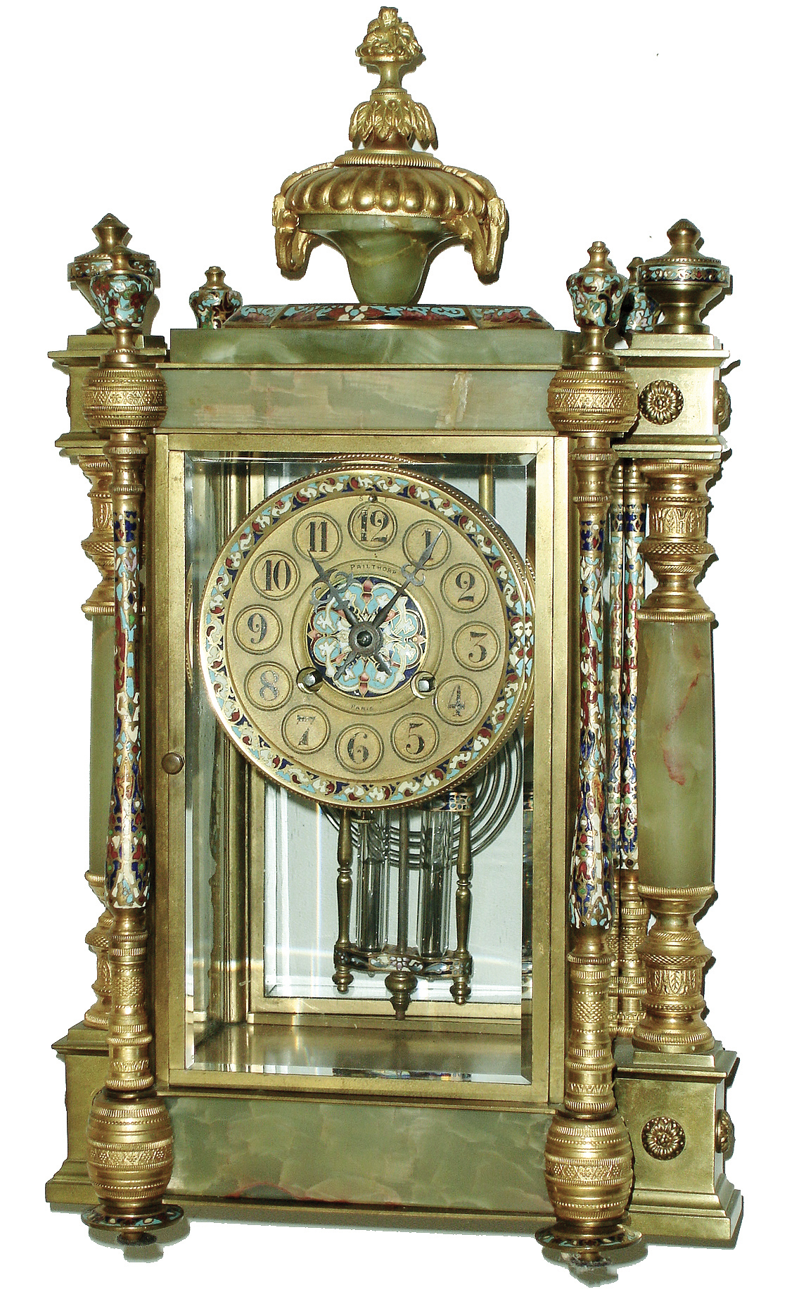 French for ÓPailthorp, ParisÒ onyx, brass and cloisonne, 8 days, time and strike, crystal regulator, Japy Freres Medaille DÕHonneur movement, c1880 — Antique Clocks Price Guide