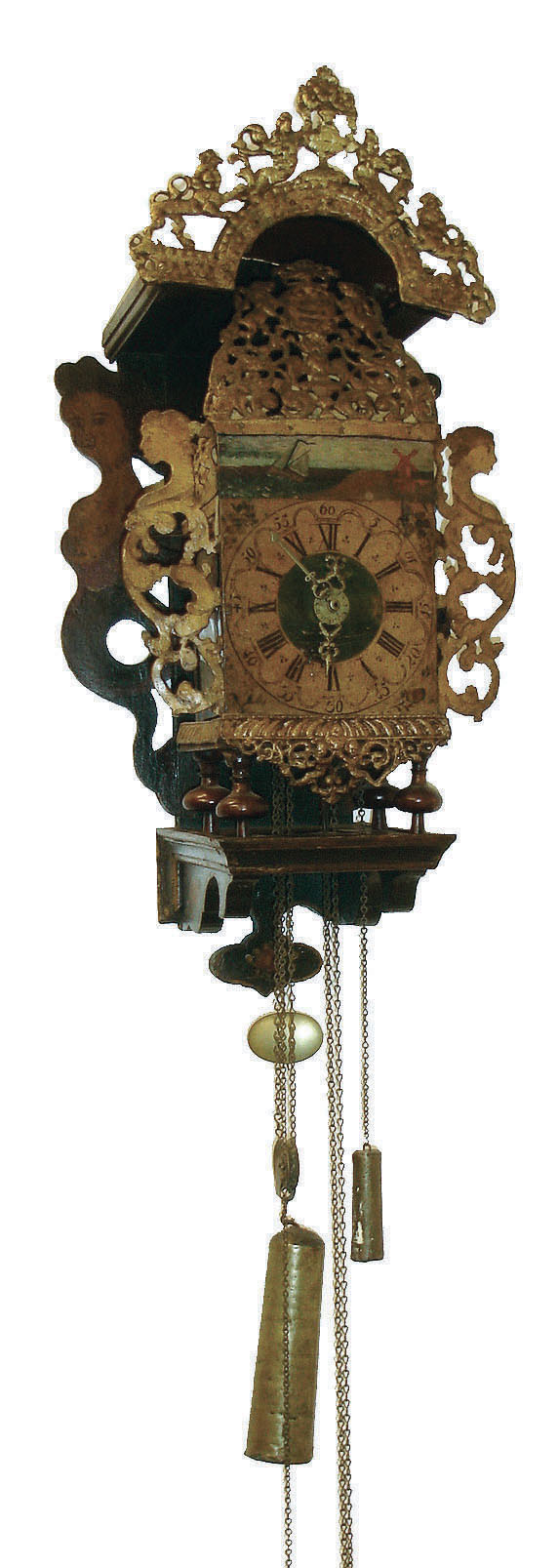 Frisian stoelklok, polychrome painted shelf with mermaids and painted floral decoration, lead ornaments with gilding, Roman numeral painted dial with sailing ship and windmill, cast hands, brass four pillar time and strike, movement with alarm, late 18th - early 19th century — Antique Clocks Price Guide