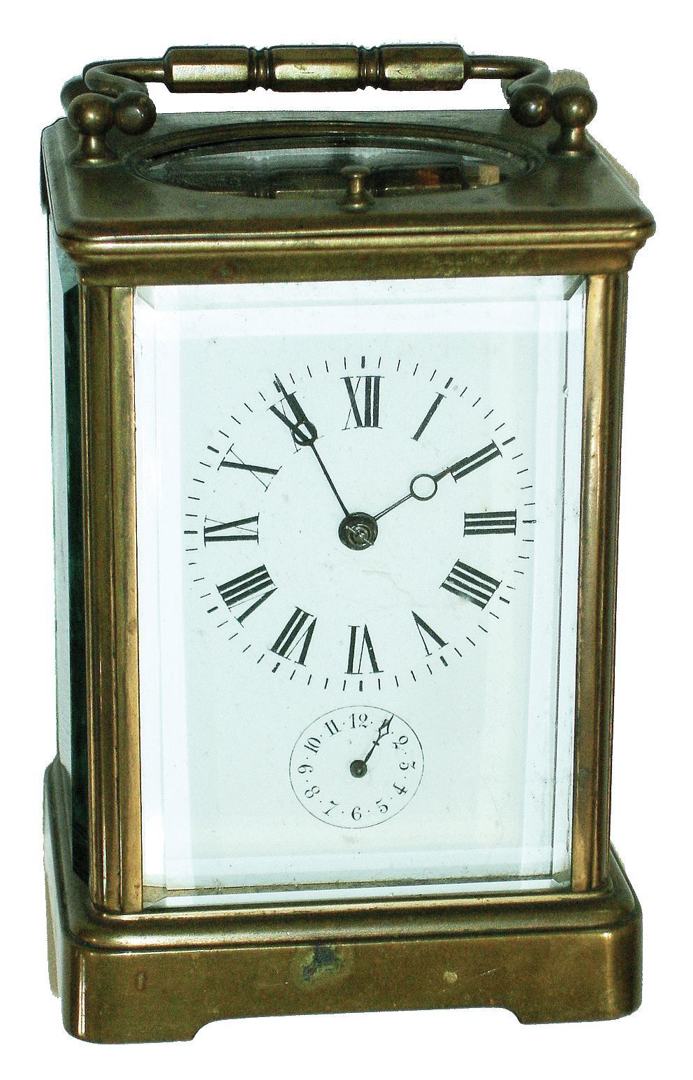 French brass and beveled glass, 8 days, repeating carriage clock with alarm, cylinder escapement, c1900 — Antique Clocks Price Guide