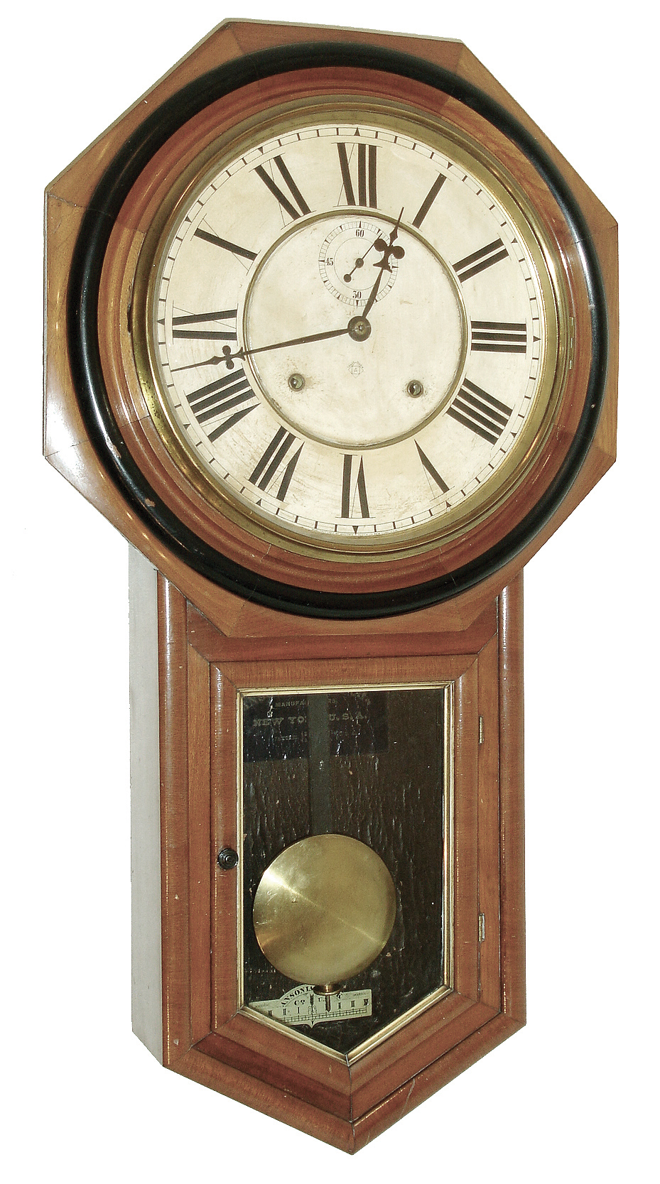 Ansonia Clock Co., New York, NY, ÓREGULATOR AÒ, long drop octagon in walnut, with 11Ó dial and seconds bit, c1900 — Antique Clocks Price Guide