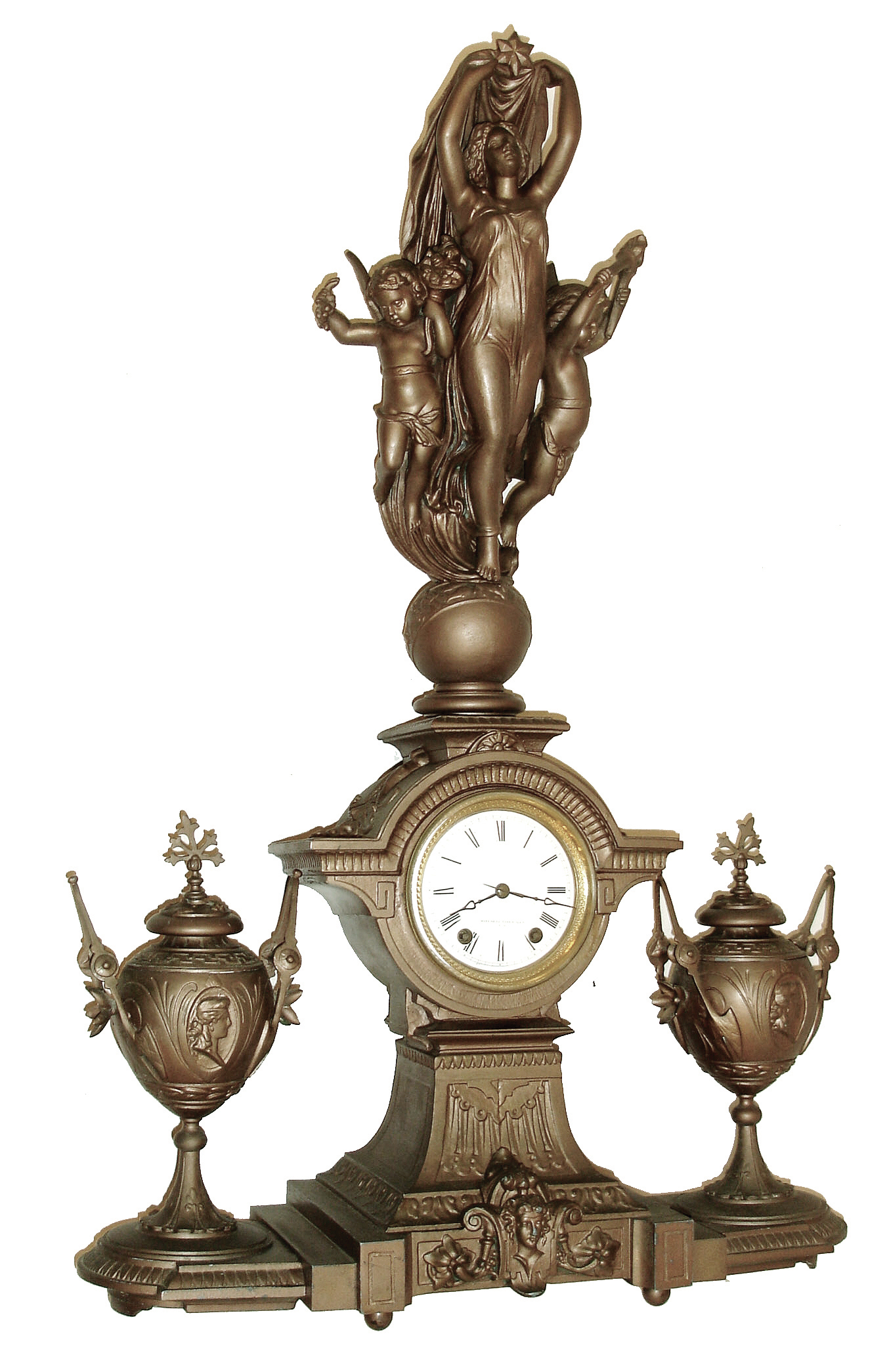 Seth Thomas Sons &amp; Co., New York, NY, ÓNo. 8056Ò figural mantel clock, 15 days, time and half hour strike, spring driven movement in a gold finished spelter case surmounted by a female figure with arms raised flanked by two Putti resting on a base with two fancy urns with a white enamel dial, c1872 — Antique Clocks Price Guide
