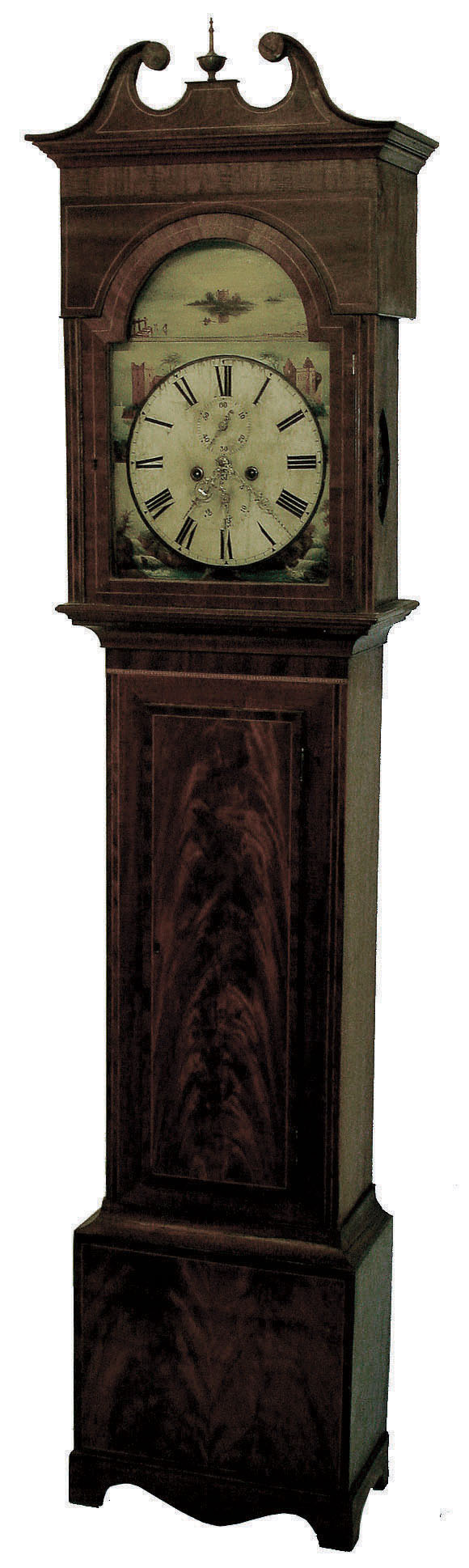 Scottish tall clock, 8 days, time and strike, weight driven, brass movement in a mahogany and mahogany veneer case with string and diamond inlay, crotch mahogany door and base and a painted iron dial and date calendar, c1840 — Antique Clocks Price Guide