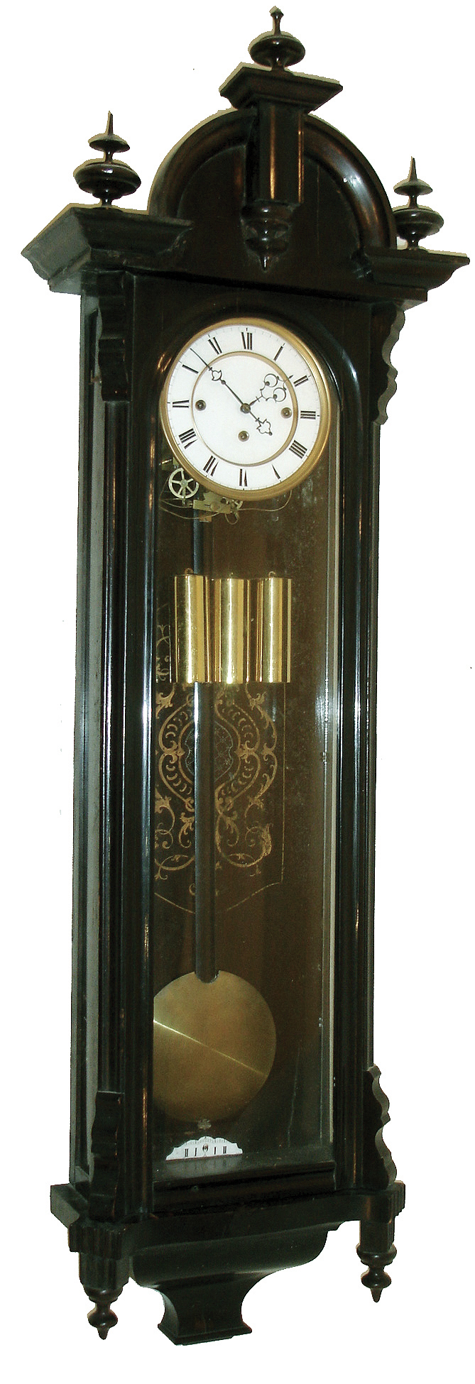 Clocks- 2 (Two), 8 days, walnut weight-driven Vienna Regulator wall clocks: dark-stained unsigned three-weight quarter-striking; Remember ebonized one-weight time only, c1890 — Antique Clocks Price Guide
