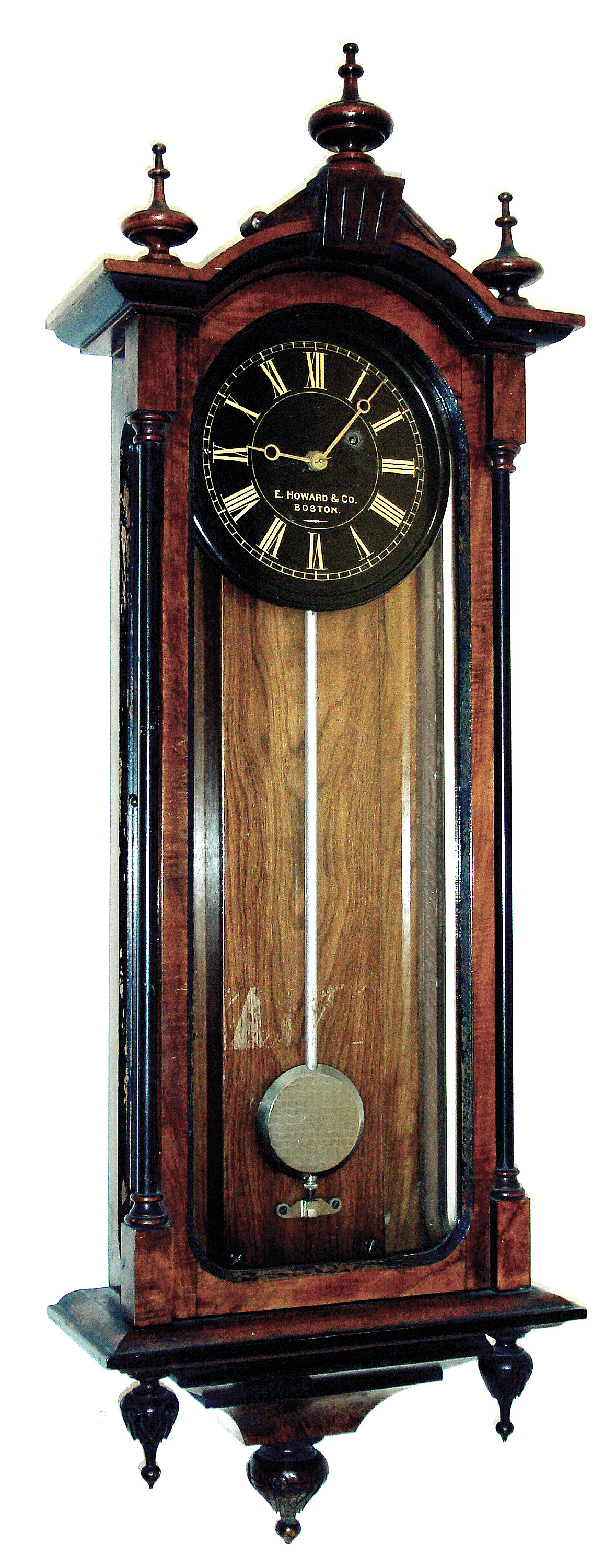 E. Howard &amp; Co., Boston, Mass., ÒNo. 59-8 RegulatorÓ wall clock, 8 days, time only, weight driven movement in a walnut case with burled and ebonized highlights and a black painted iron dial with gold numerals and hands and damascened nickel plated pendulum, c1885 — Antique Clocks Price Guide