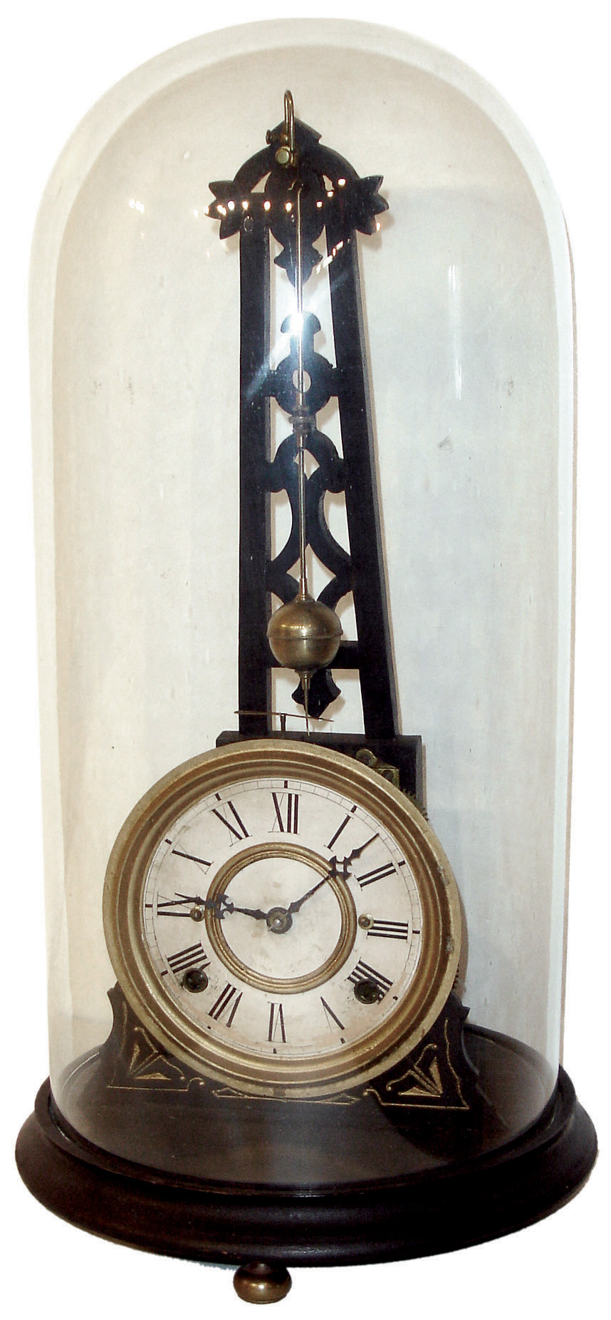 F. Kroeber &amp; Co., New York, N.Y., ÒNoiseless Rotary No. 1Ó derrick form shelf clock, 8 days, time and strike, spring driven movement with rotary pendulum in an ebonized wooden case with gold highlights and dome with a papered metal dial, c1882 — Antique Clocks Price Guide