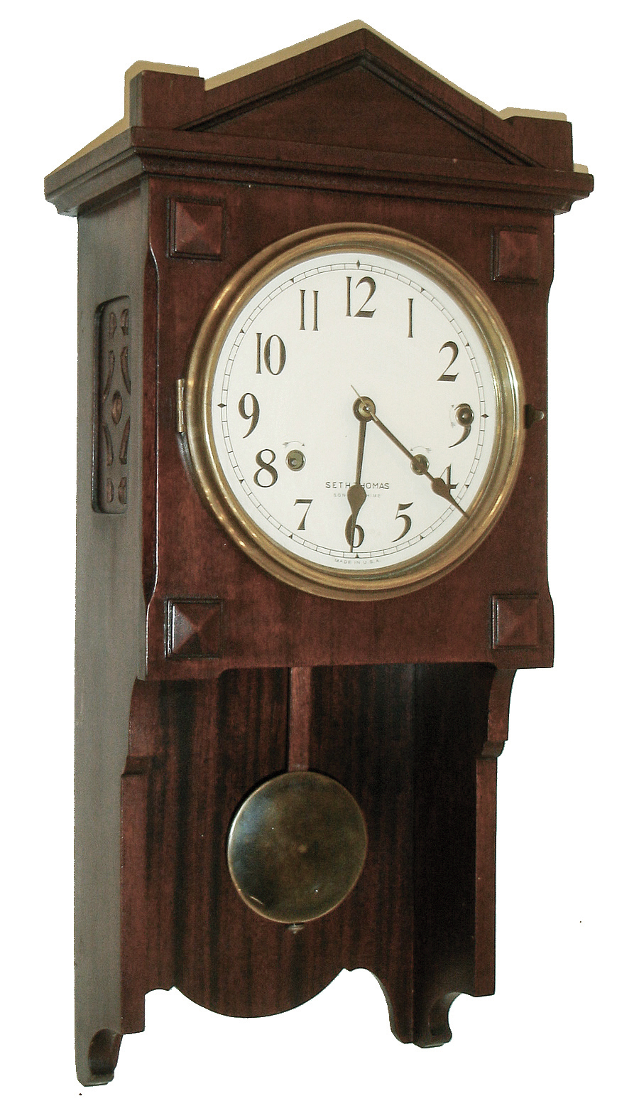 Seth Thomas Clock Co., Thomaston, Conn., ÓCHIME CLOCK No. 101Ò, hanging 4-bell Sonora chime in Arts &amp; Crafts style mahogany case, c1914. — Antique Clocks Price Guide
