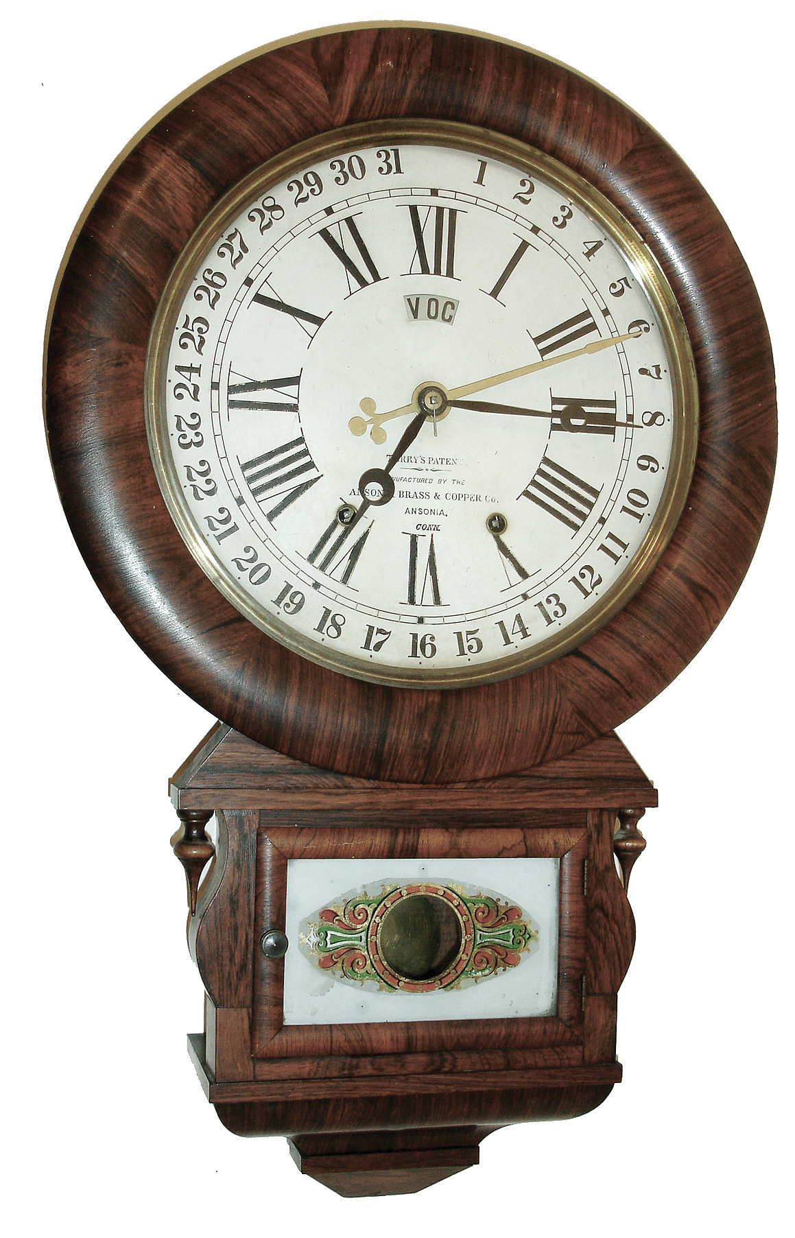 Ansonia Brass and Copper Co., Ansonia, Conn., ÓDrop Extra CalendarÒ wall clock in a rosewood case with a spring driven, 8 days, time and strike, movement with William A. TerryÕs Patent Calendar, c1880. — Antique Clocks Price Guide