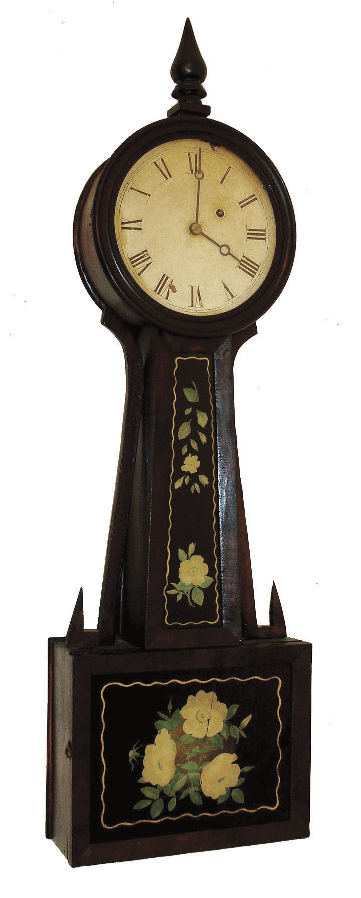 Attleboro style banjo clock, mahogany case with wooden side arms, turned mahogany bezel and finial, beveled throat and box frames, reverse painted glasses, Roman numeral white painted sheet iron dial, moon hands, brass, 8 days, timepiece movement, cast iron weight, c1850 — Antique Clocks Price Guide